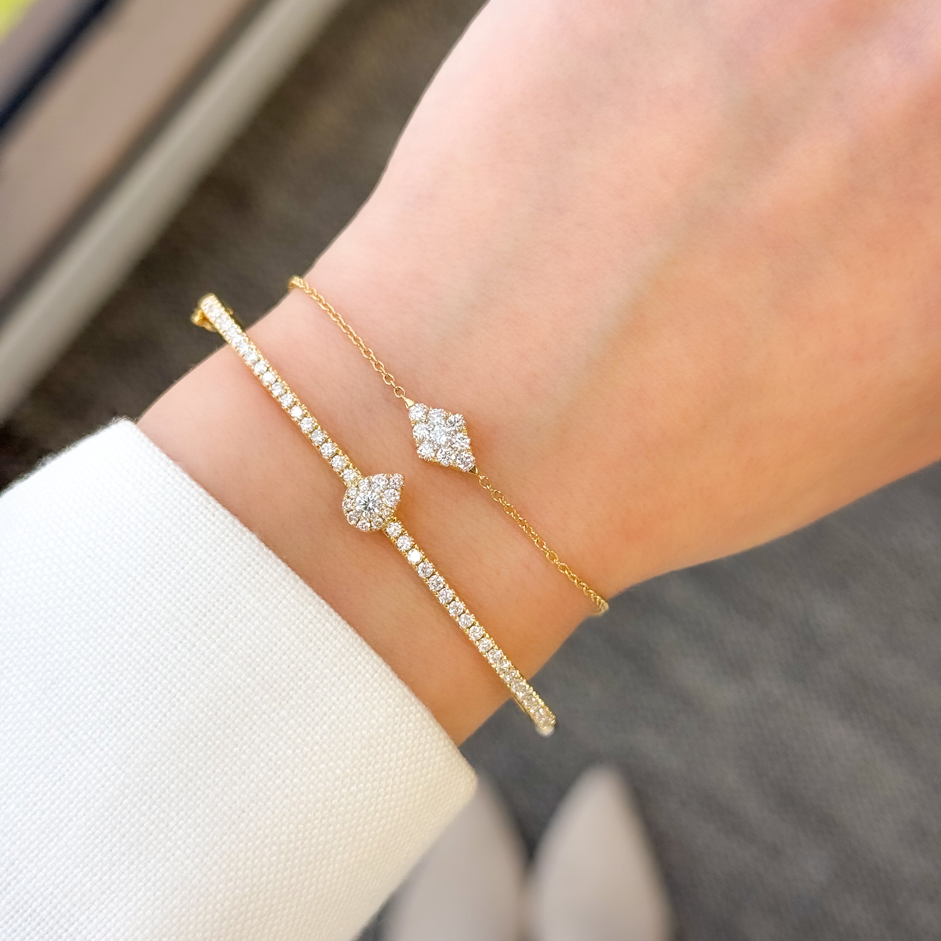 The Alia, Cluster Kite Shaped Diamond Adjustable Stackable Bracelet in 14K Gold, 18K Gold or Platinum by Earthena Jewelry of Beverly Hills, California.
