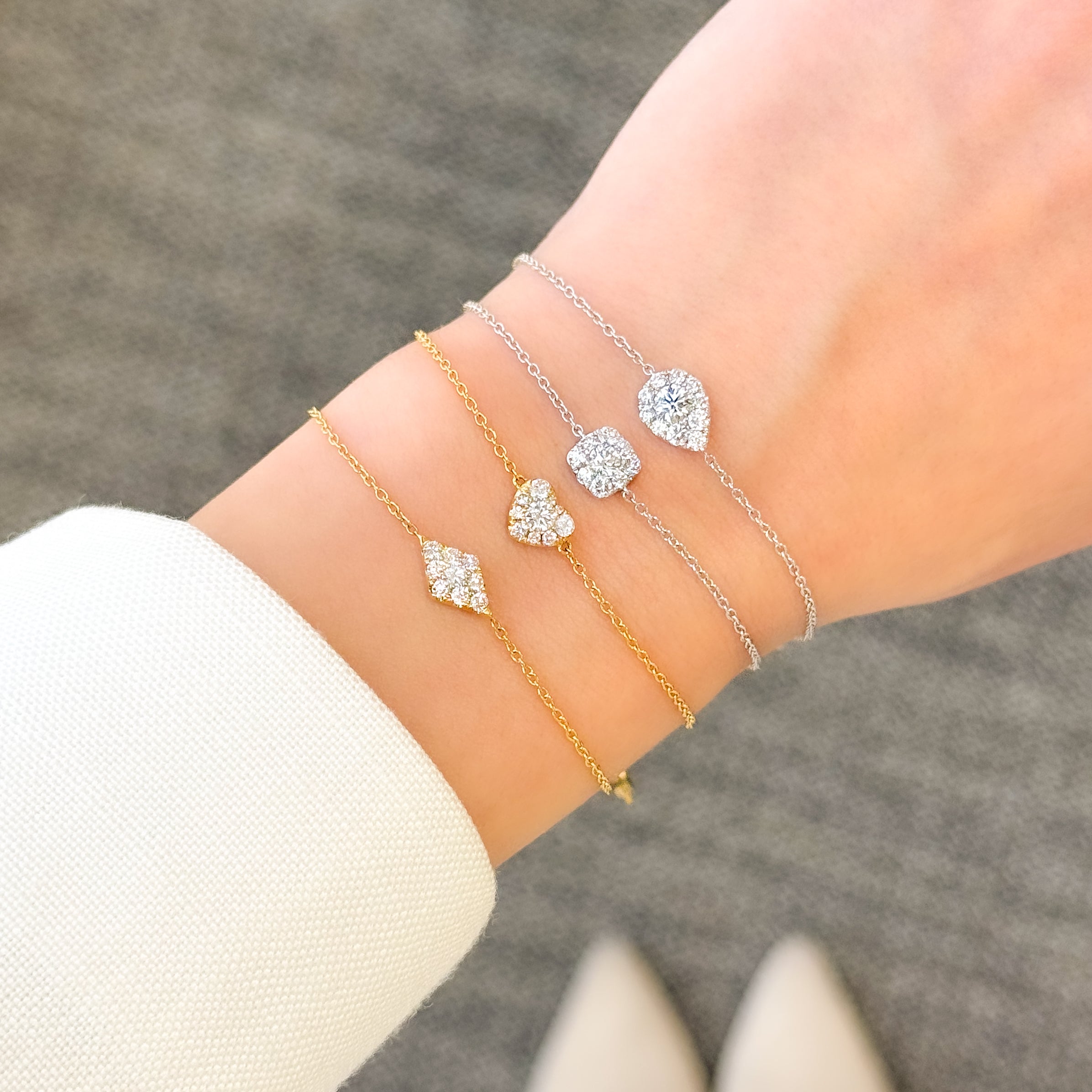 The Alia, Cluster Kite Shaped Diamond Adjustable Stackable Bracelet in 14K Gold, 18K Gold or Platinum by Earthena Jewelry of Beverly Hills, California.
