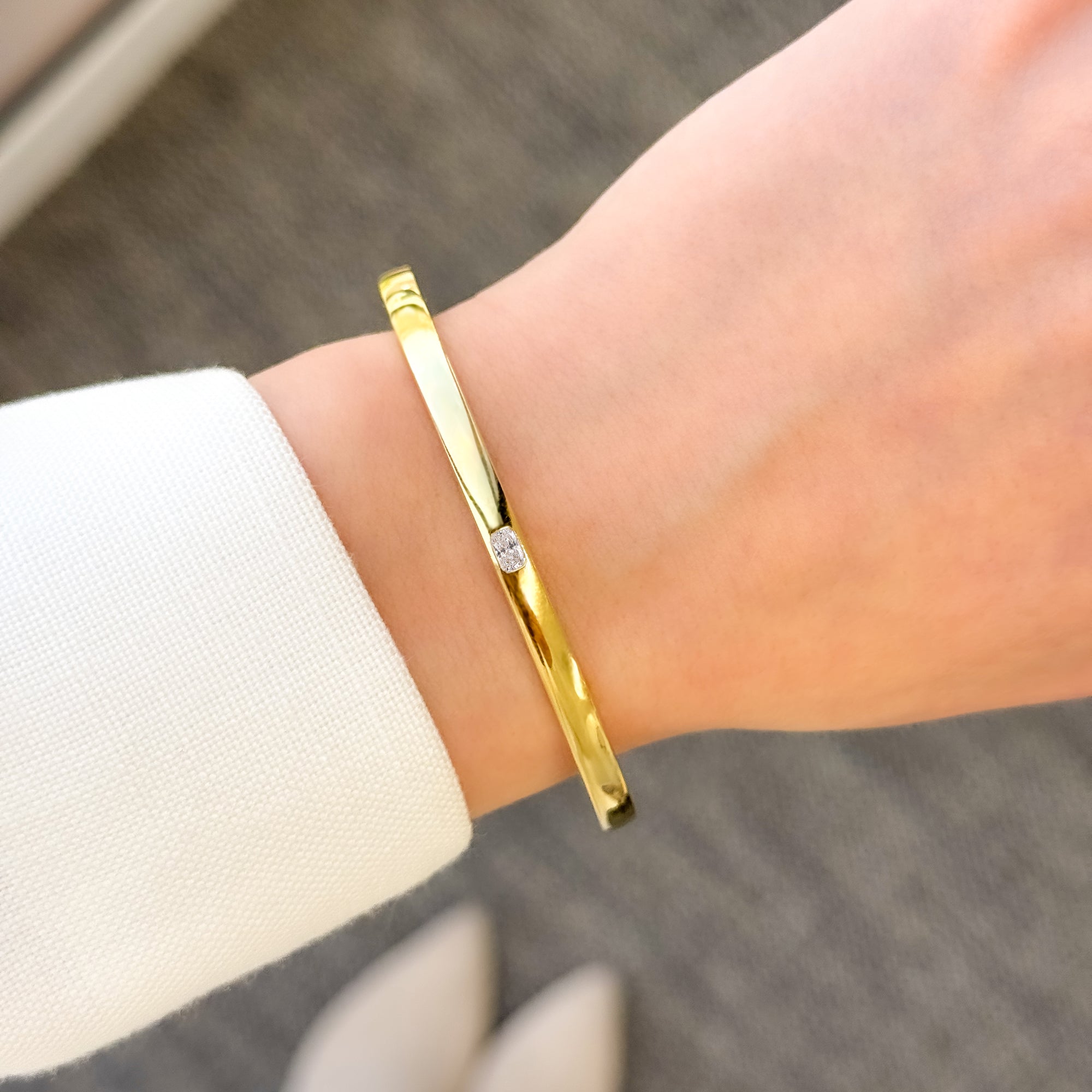 The Cloud, Bezel Radiant-cut Solitaire Lab-grown Diamond or Natural Diamond Band handcrafted in 14K Gold, 18K Gold or Platinum by Earthena Jewelry of Beverly Hills, California.