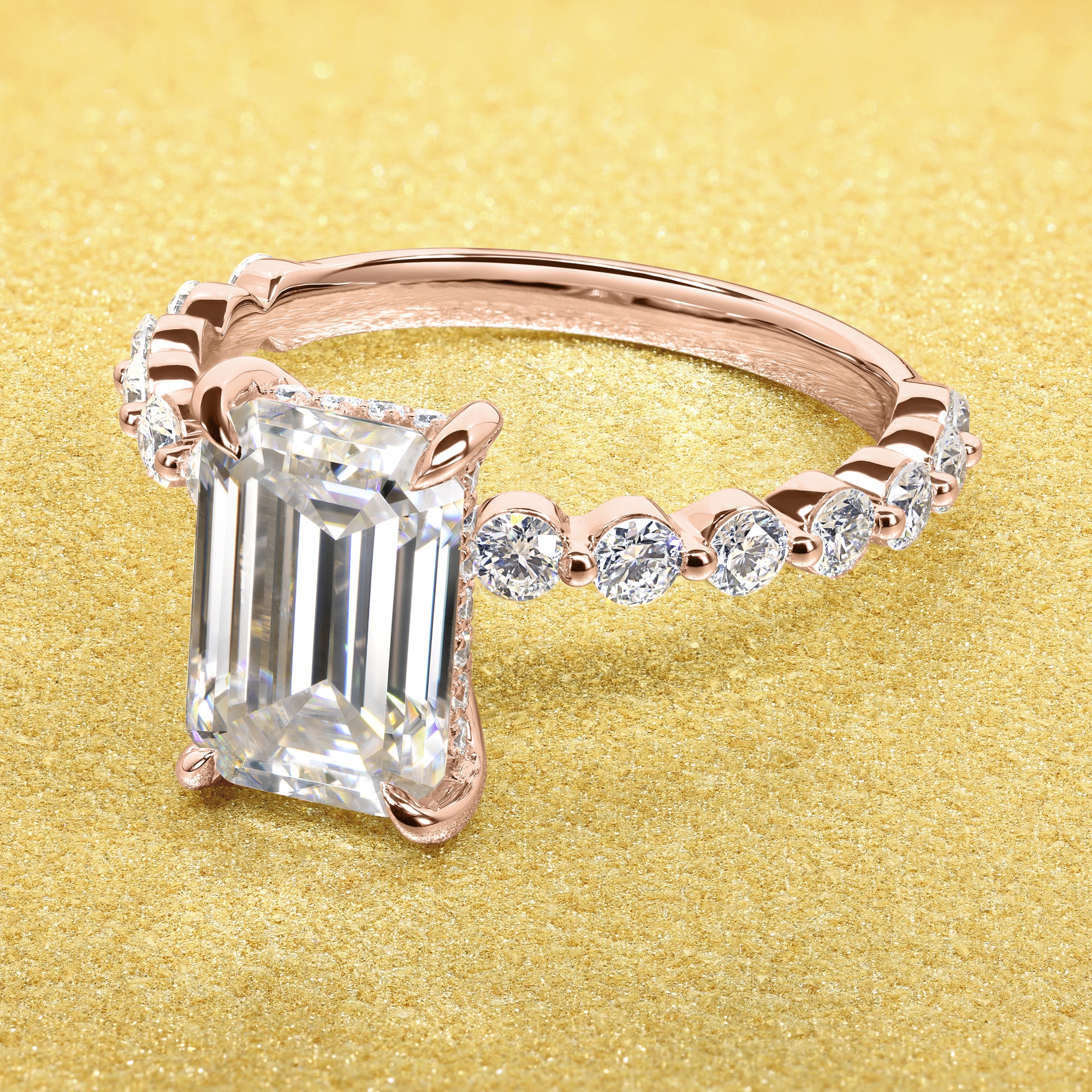 Classic Luna 3ct Elongated Emerald-cut Moissanite Hidden Halo Floating Lab-grown Diamond Engagement ring in 14K Gold, 18K Gold, or Platnum handcrafted in Los Angeles by Earthena Jewelry.