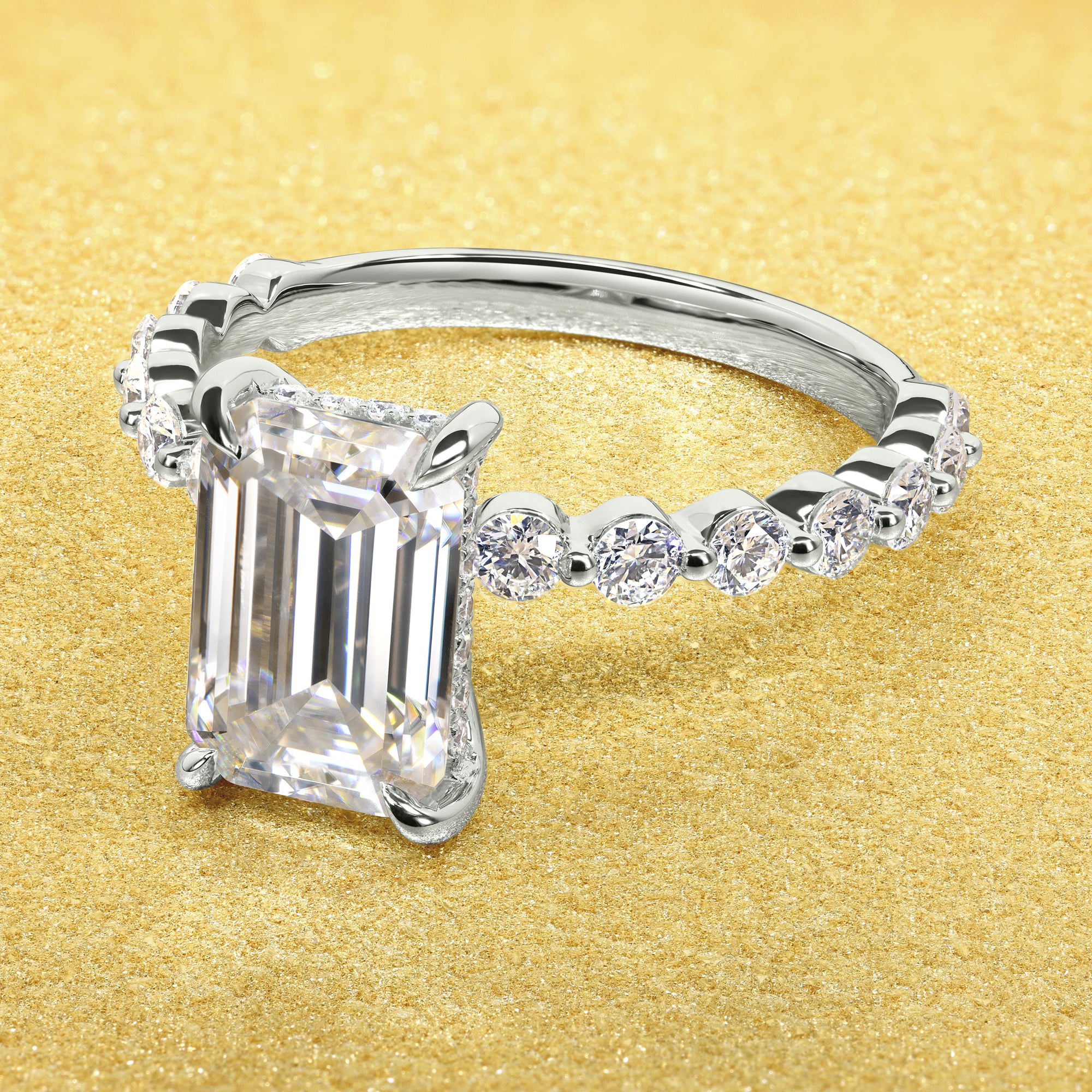 Classic Luna 3ct Elongated Emerald-cut Moissanite Hidden Halo Floating Lab-grown Diamond Engagement ring in 14K Gold, 18K Gold, or Platnum handcrafted in Los Angeles by Earthena Jewelry.