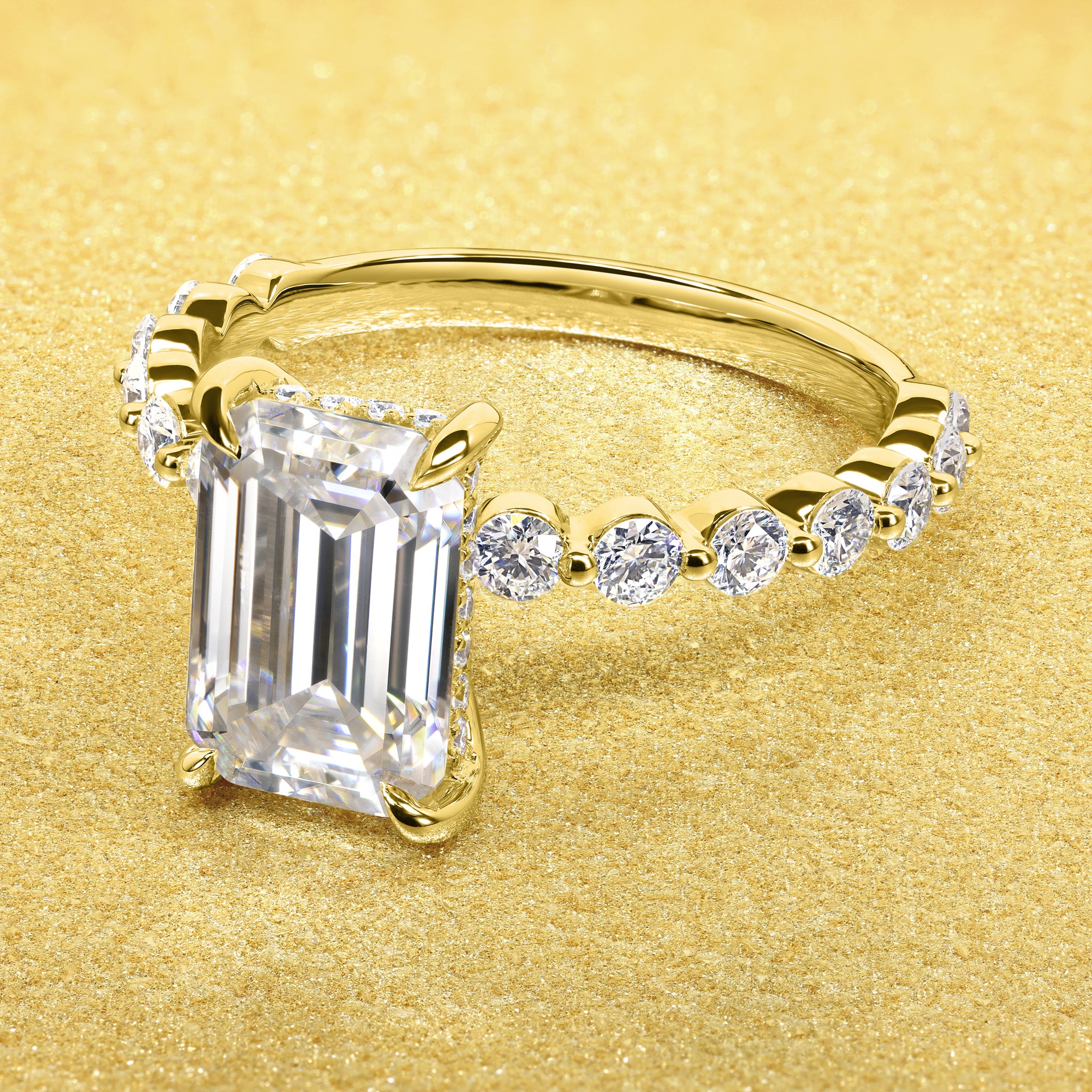 Classic Luna 3ct Elongated Emerald-cut Moissanite Hidden Halo Floating Lab-grown Diamond Engagement ring in 14K Gold, 18K Gold, or Platnum handcrafted in Los Angeles by Earthena Jewelry.