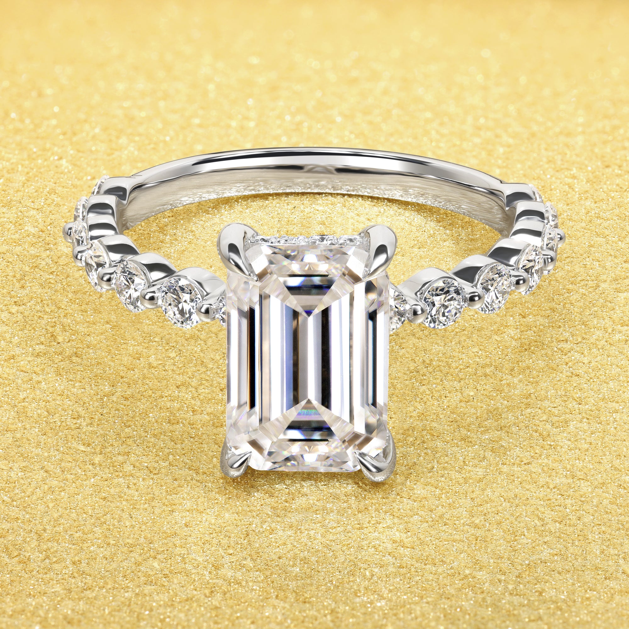 Classic Luna 3ct Elongated Emerald-cut Moissanite Hidden Halo Floating Lab-grown Diamond Engagement ring in 14K Gold, 18K Gold, or Platnum handcrafted in Los Angeles by Earthena Jewelry.