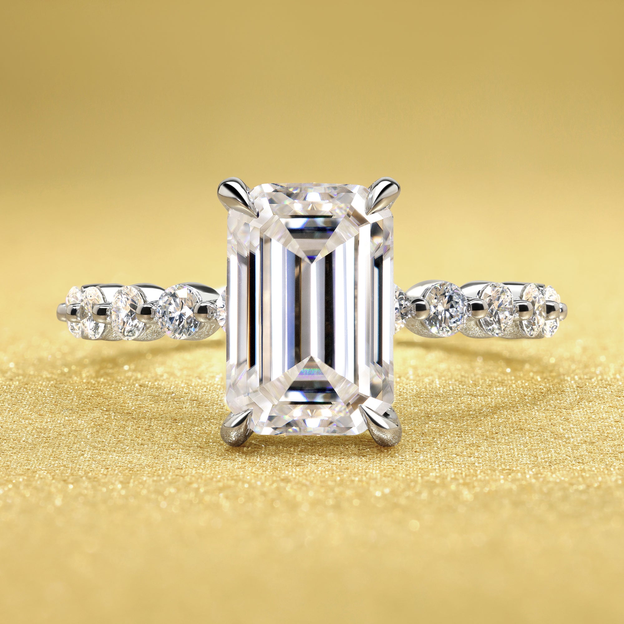 Classic Luna 3ct Elongated Emerald-cut Moissanite Hidden Halo Floating Lab-grown Diamond Engagement ring in 14K Gold, 18K Gold, or Platnum handcrafted in Los Angeles by Earthena Jewelry.