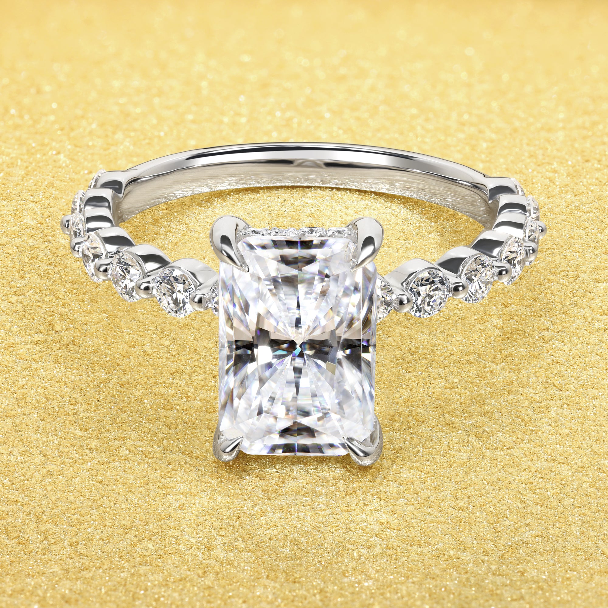 Luna 3ct 10x6.5 Elongated Radiant-cut Moissanite and Lab-grown Diamond Hidden Halo Floating Lab-grown Diamond Engagement ring in 14K or 18K Gold by Earthena Jewelry