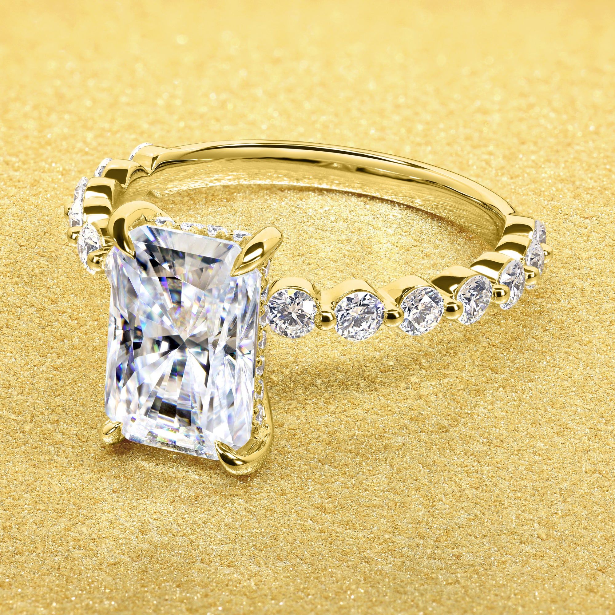 Classic Luna 3ct Elongated Radiant-cut Moissanite Hidden Halo Floating Lab-grown Diamond Engagement ring in 14K Gold, 18K Gold, or Platinum handcrafted in Los Angeles by Earthena Jewelry.