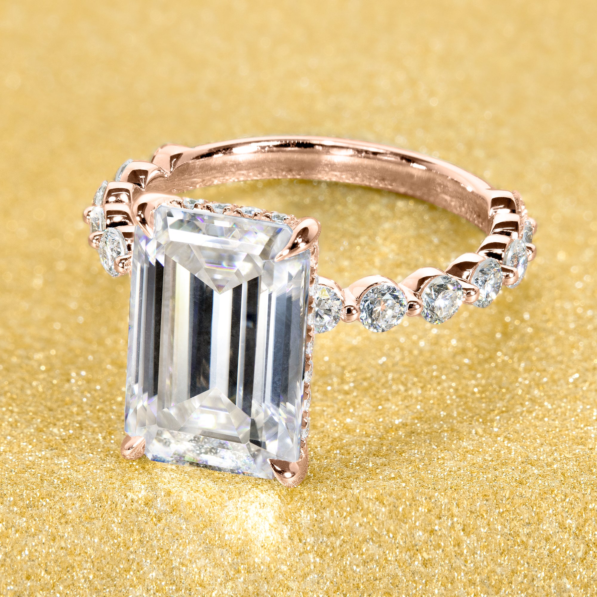 Classic Luna 5.5ct Elongated Emerald-cut Moissanite Hidden Halo Floating Lab-grown Diamond Engagement ring in 14K Gold, 18K Gold, or Platinum handcrafted in Los Angeles by Earthena Jewelry.