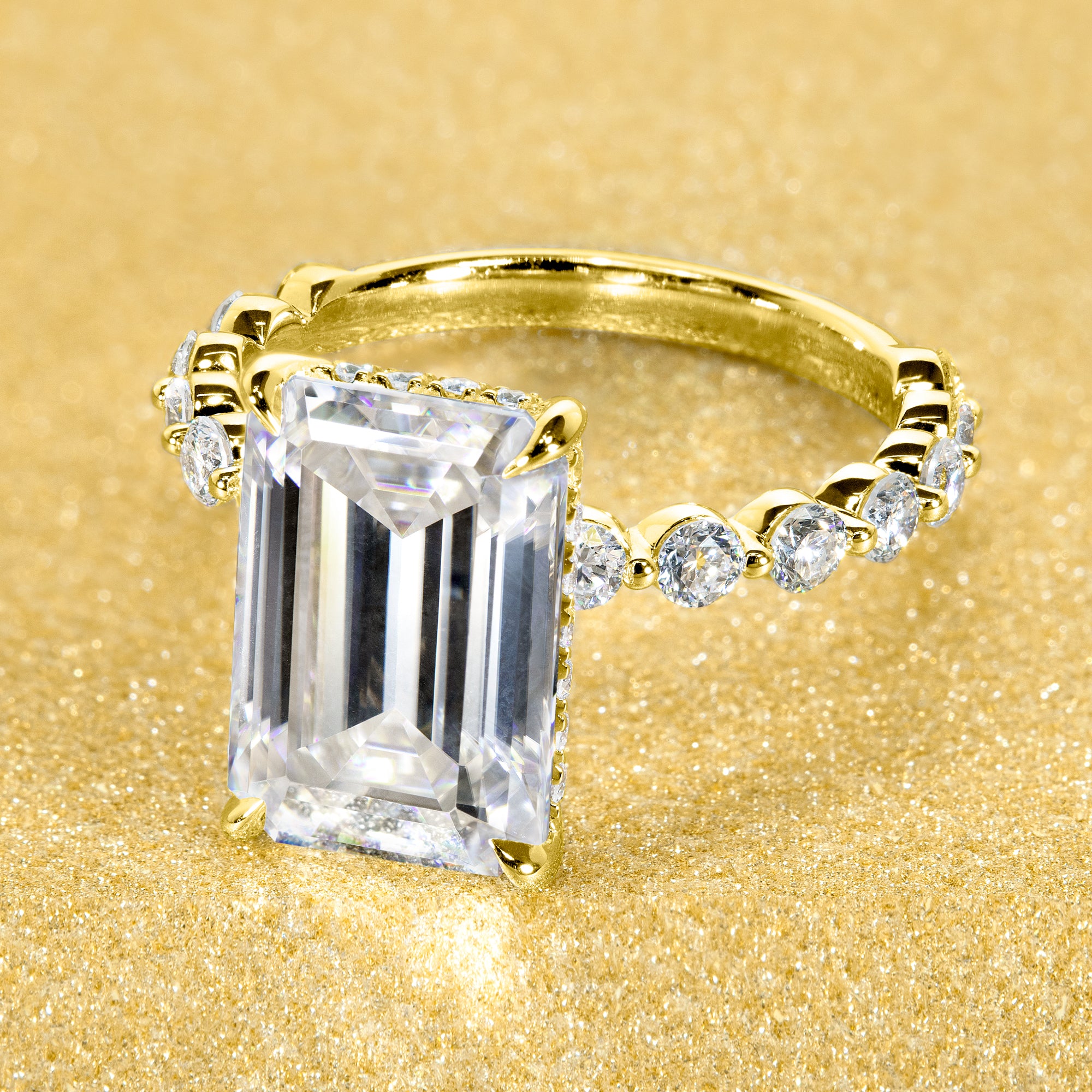 Classic Luna 5.5ct Elongated Emerald-cut Moissanite Hidden Halo Floating Lab-grown Diamond Engagement ring in 14K Gold, 18K Gold, or Platinum handcrafted in Los Angeles by Earthena Jewelry.