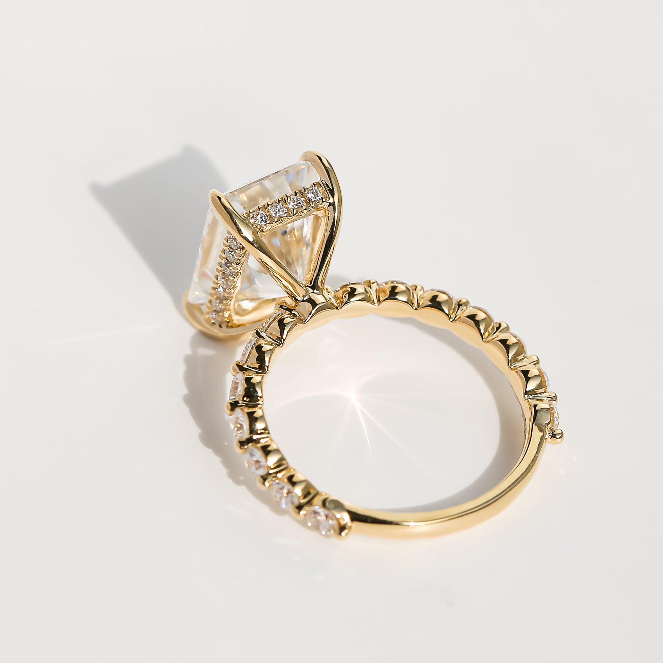 Classic Luna 4.5ct Elongated Radiant-cut Moissanite Hidden Halo Floating Lab-grown Diamond Engagement ring in 14K Gold, 18K Gold, or Platinum handcrafted in Los Angeles by Earthena Jewelry.