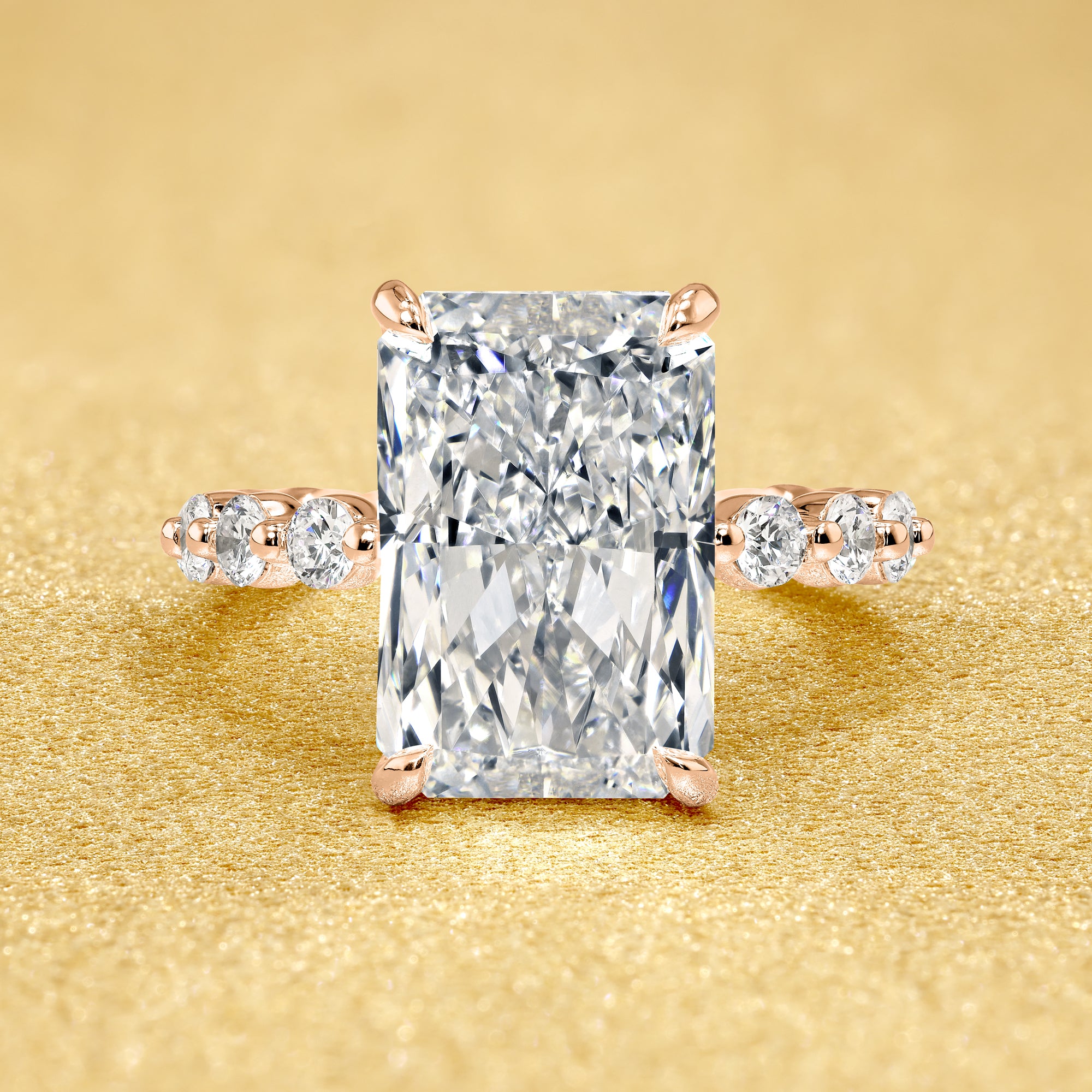 Classic Luna 5ct Elongated Radiant-Cut Lab-Grown Diamond Hidden Halo Floating Engagement Ring in 14K Gold, 18K Gold, or Platinum by Earthena Jewelry of Beverly Hills.