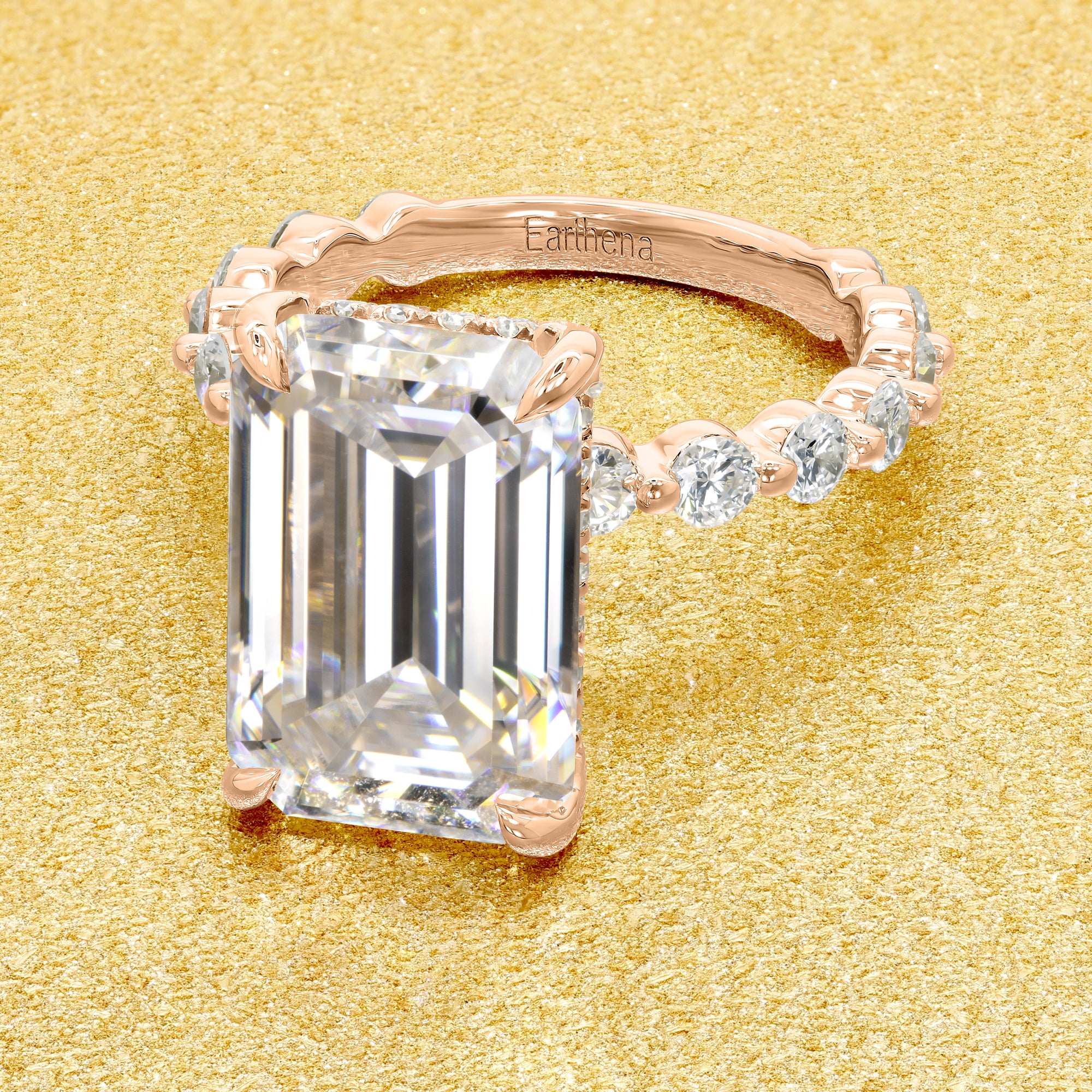 Classic Luna 6.5ct Elongated Emerald-cut Moissanite Hidden Halo Floating Lab-grown Diamond Engagement ring in 14K Gold, 18K Gold, or Platinum by Earthena Jewelry of Beverly Hills.