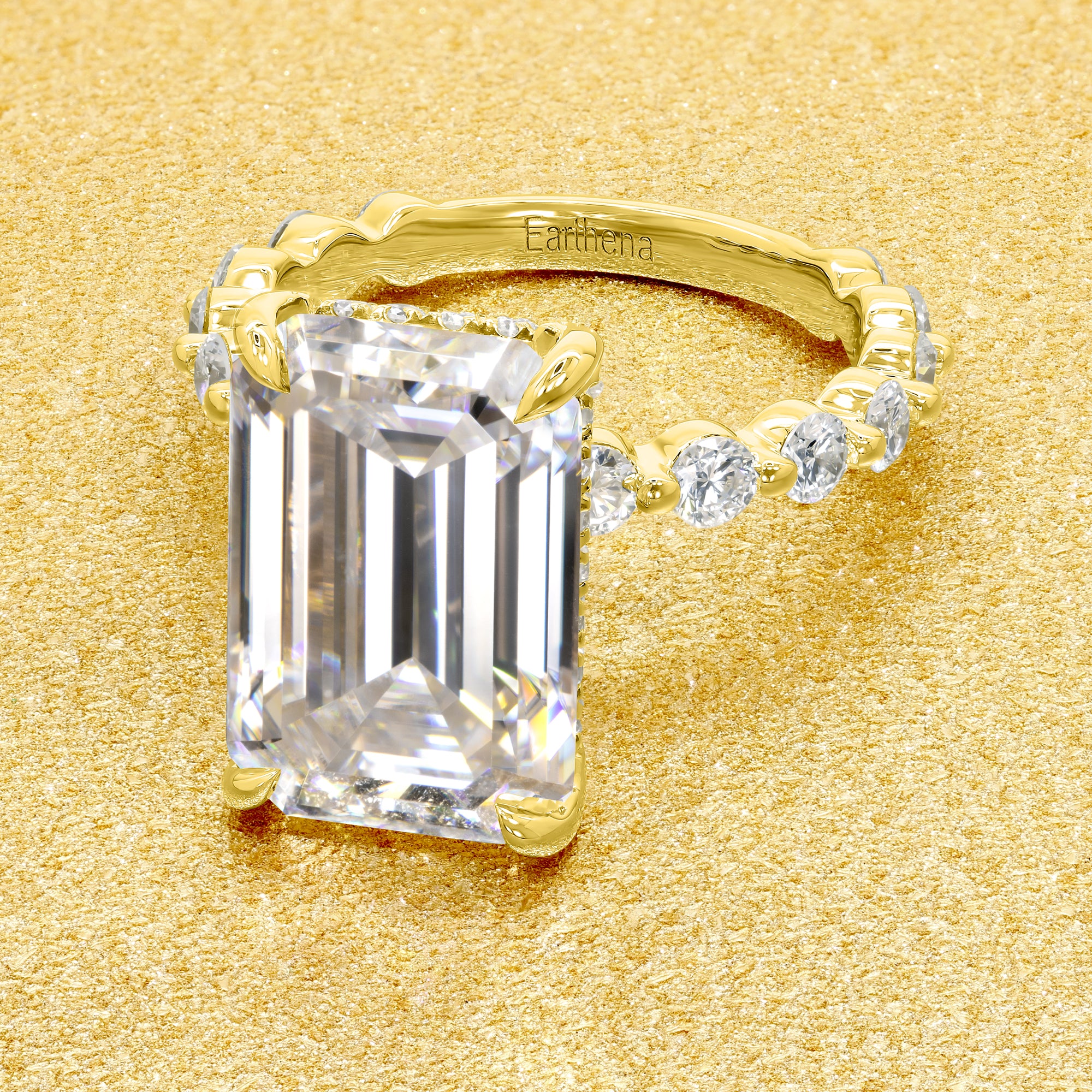 Classic Luna 6.5ct Elongated Emerald-cut Moissanite Hidden Halo Floating Lab-grown Diamond Engagement ring in 14K Gold, 18K Gold, or Platinum by Earthena Jewelry of Beverly Hills.