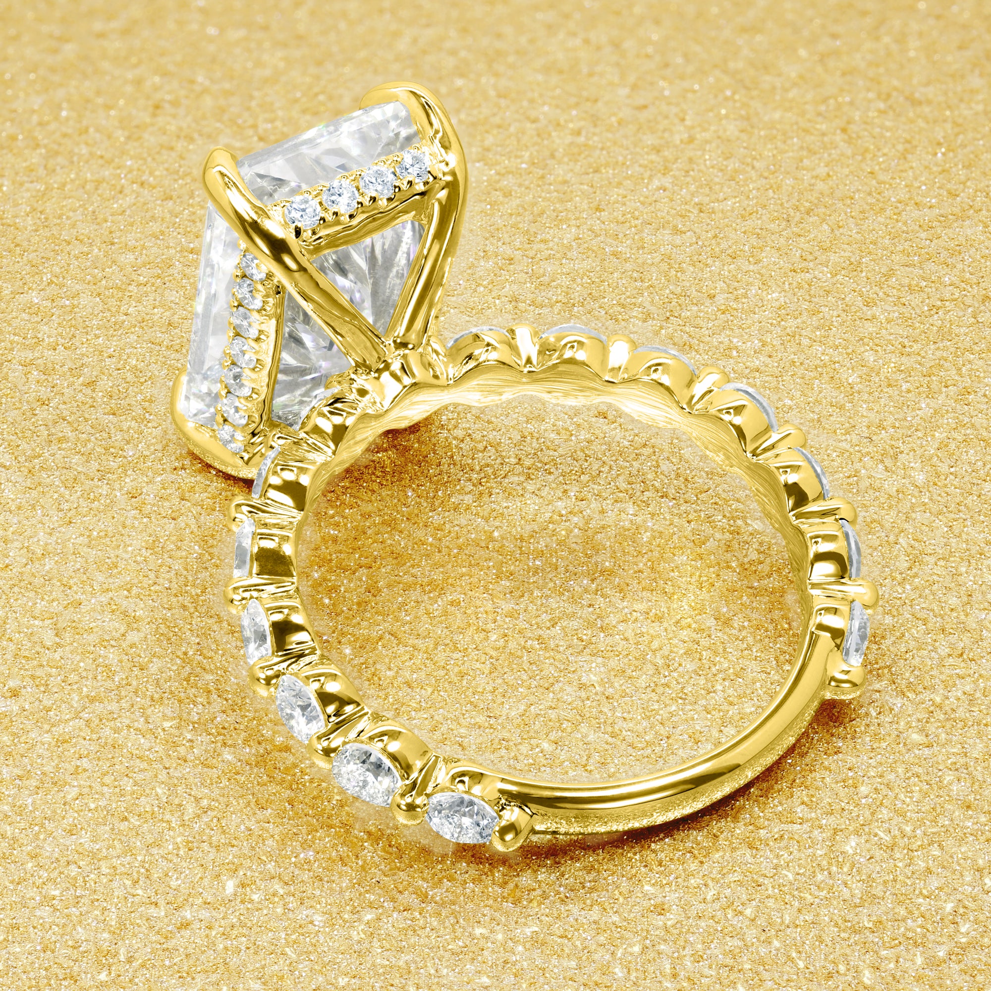 Classic Luna 6.5ct Elongated Emerald-cut Moissanite Hidden Halo Floating Lab-grown Diamond Engagement ring in 14K Gold, 18K Gold, or Platinum by Earthena Jewelry of Beverly Hills.