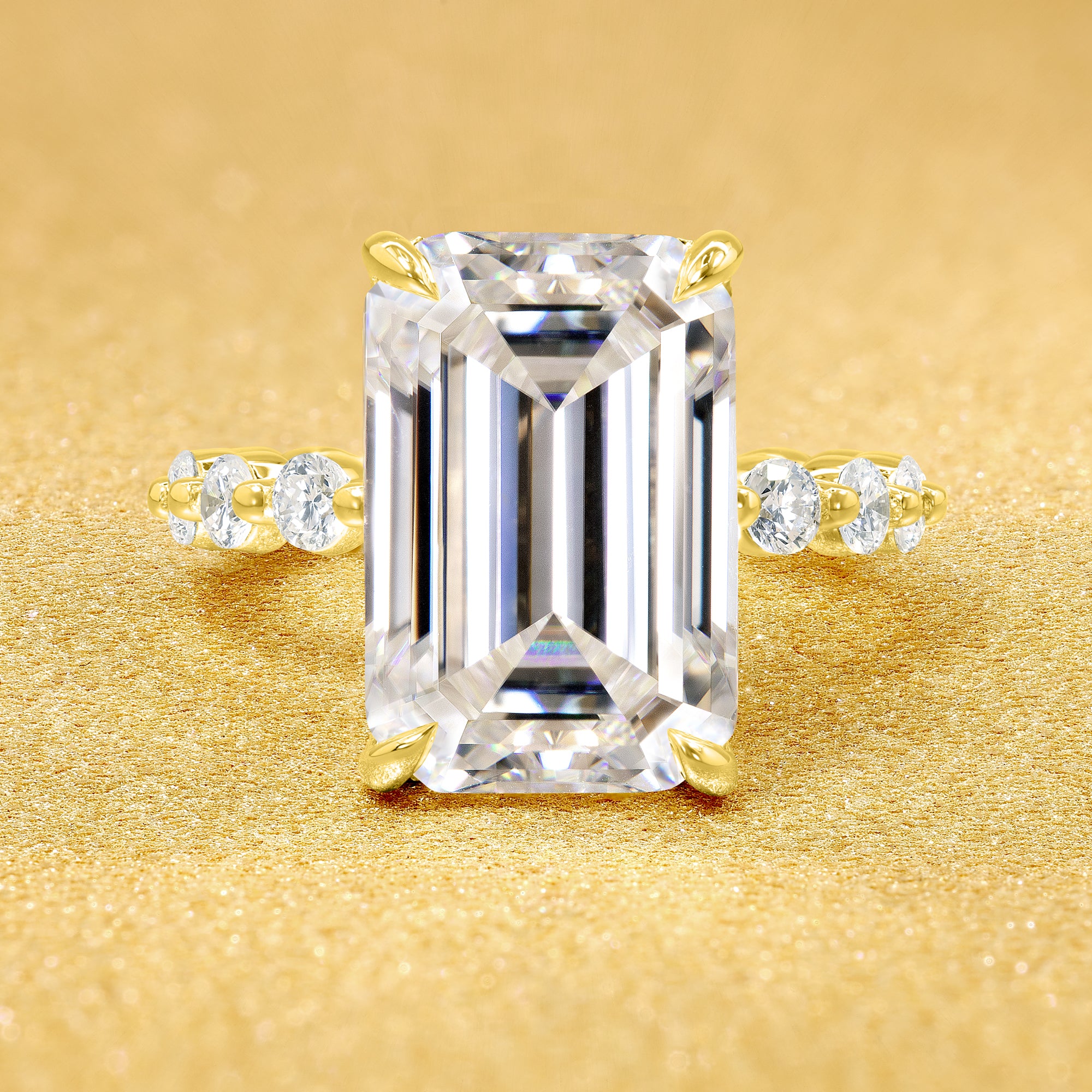 Classic Luna 6.5ct Elongated Emerald-cut Moissanite Hidden Halo Floating Lab-grown Diamond Engagement ring in 14K Gold, 18K Gold, or Platinum by Earthena Jewelry of Beverly Hills.