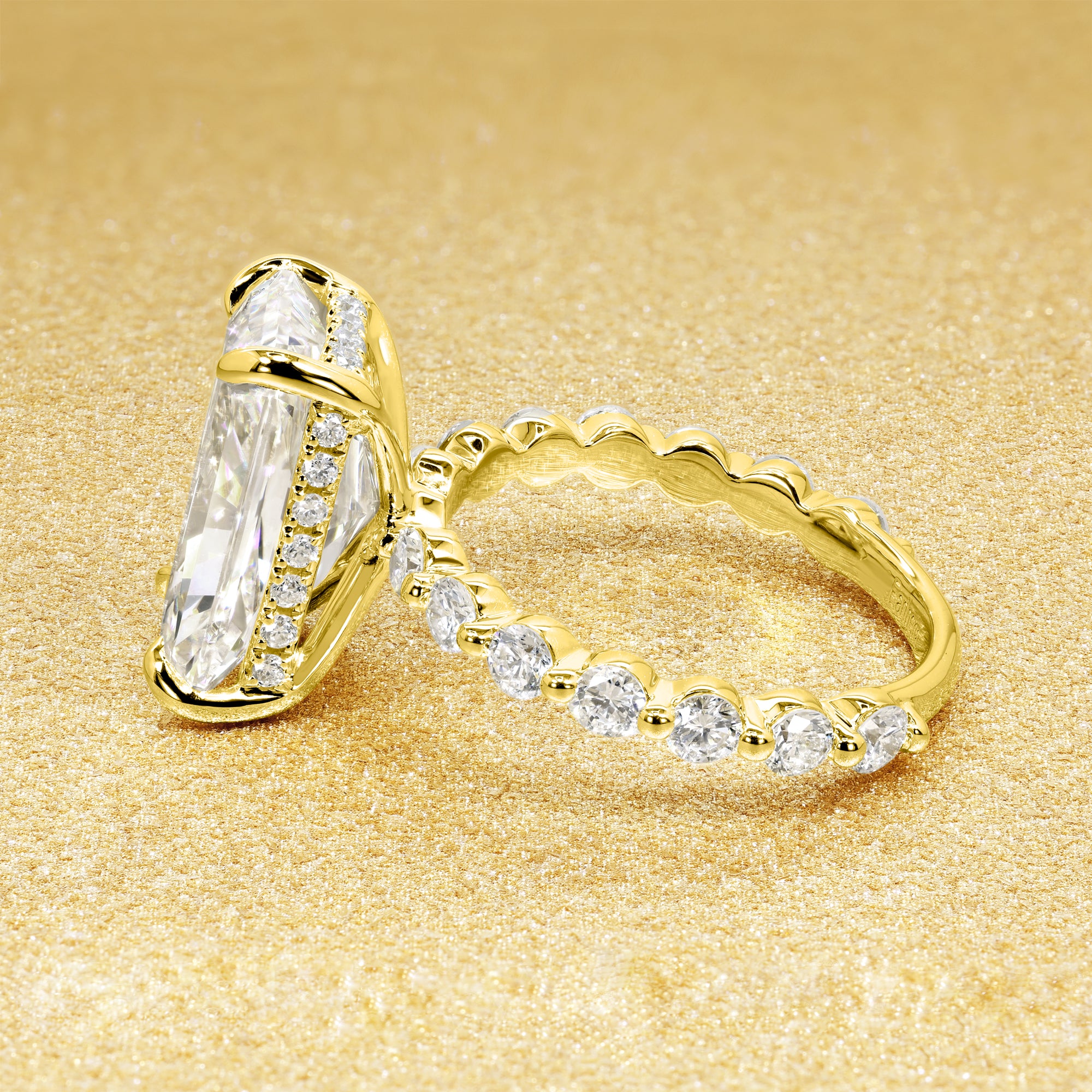 Classic Luna 6.5ct Elongated Emerald-cut Moissanite Hidden Halo Floating Lab-grown Diamond Engagement ring in 14K Gold, 18K Gold, or Platinum by Earthena Jewelry of Beverly Hills.