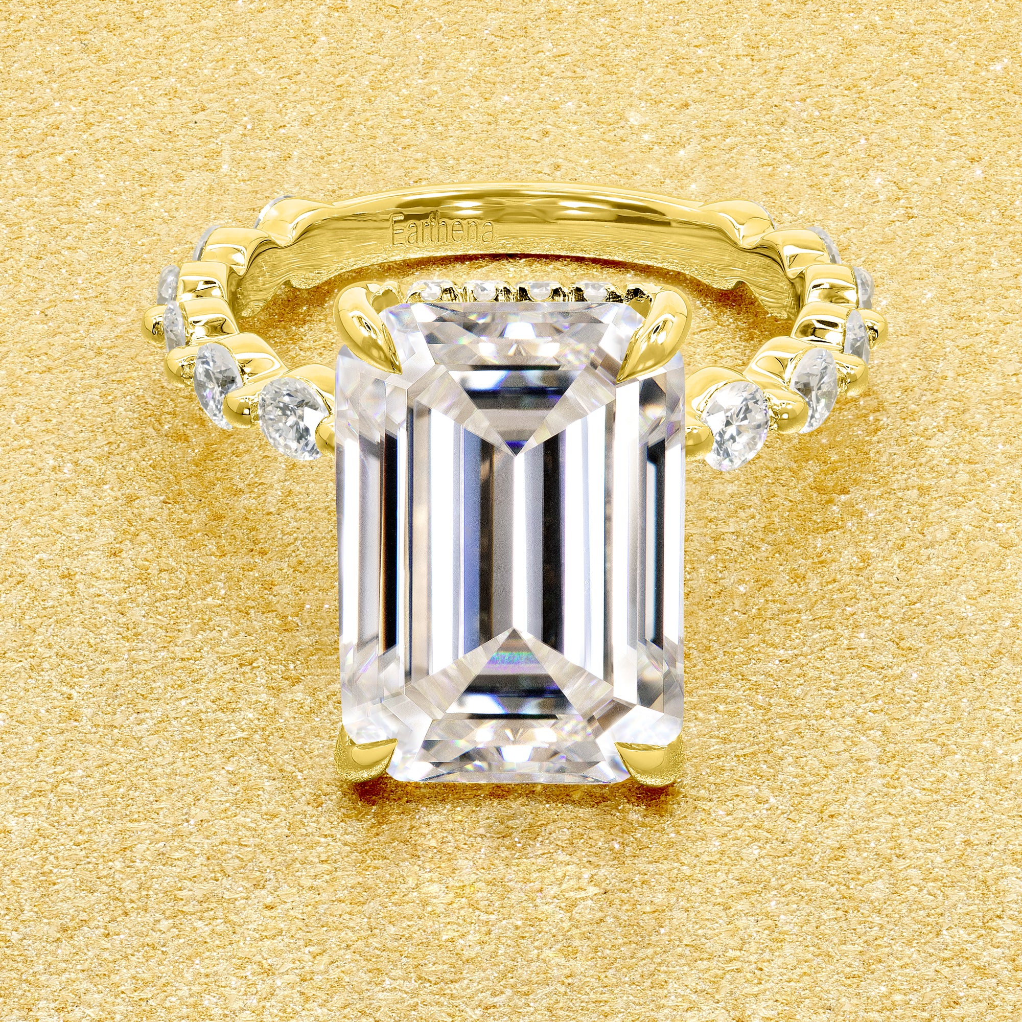 Classic Luna 6.5ct Elongated Emerald-cut Moissanite Hidden Halo Floating Lab-grown Diamond Engagement ring in 14K Gold, 18K Gold, or Platinum by Earthena Jewelry of Beverly Hills.