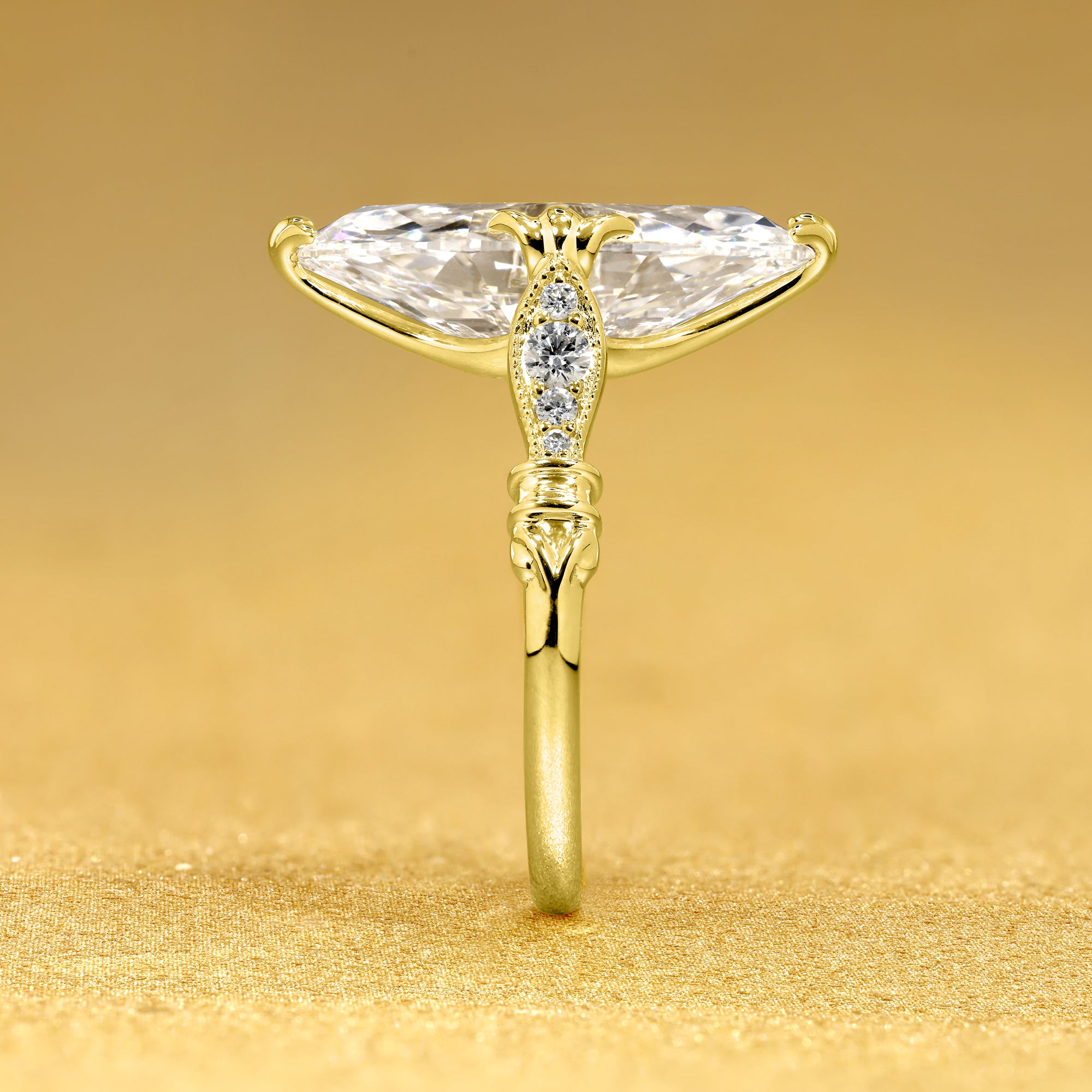 Josephine 6.41ct Elongated Moval Old Mine Cut Lab-Grown Diamond Vintage Engagement Ring in 14K Gold, 18K Gold, or Platinum by Earthena Jewelry of Beverly Hills.