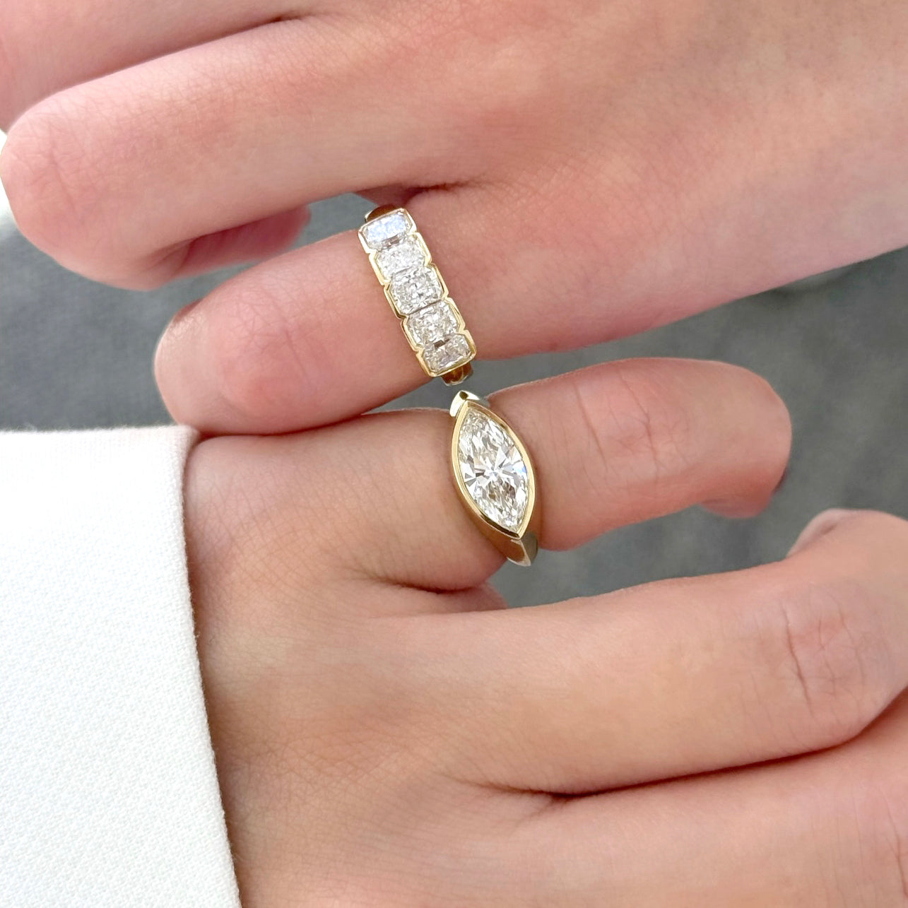 The Rae, 5-Stone Radiant-Cut Diamond Pinky Ring in 14K, 18K Gold or Platinum | Lab-Grown or Earth-Mined by Earthena Jewelry of Beverly Hills handcrafted in Los Angeles, Calfornia.