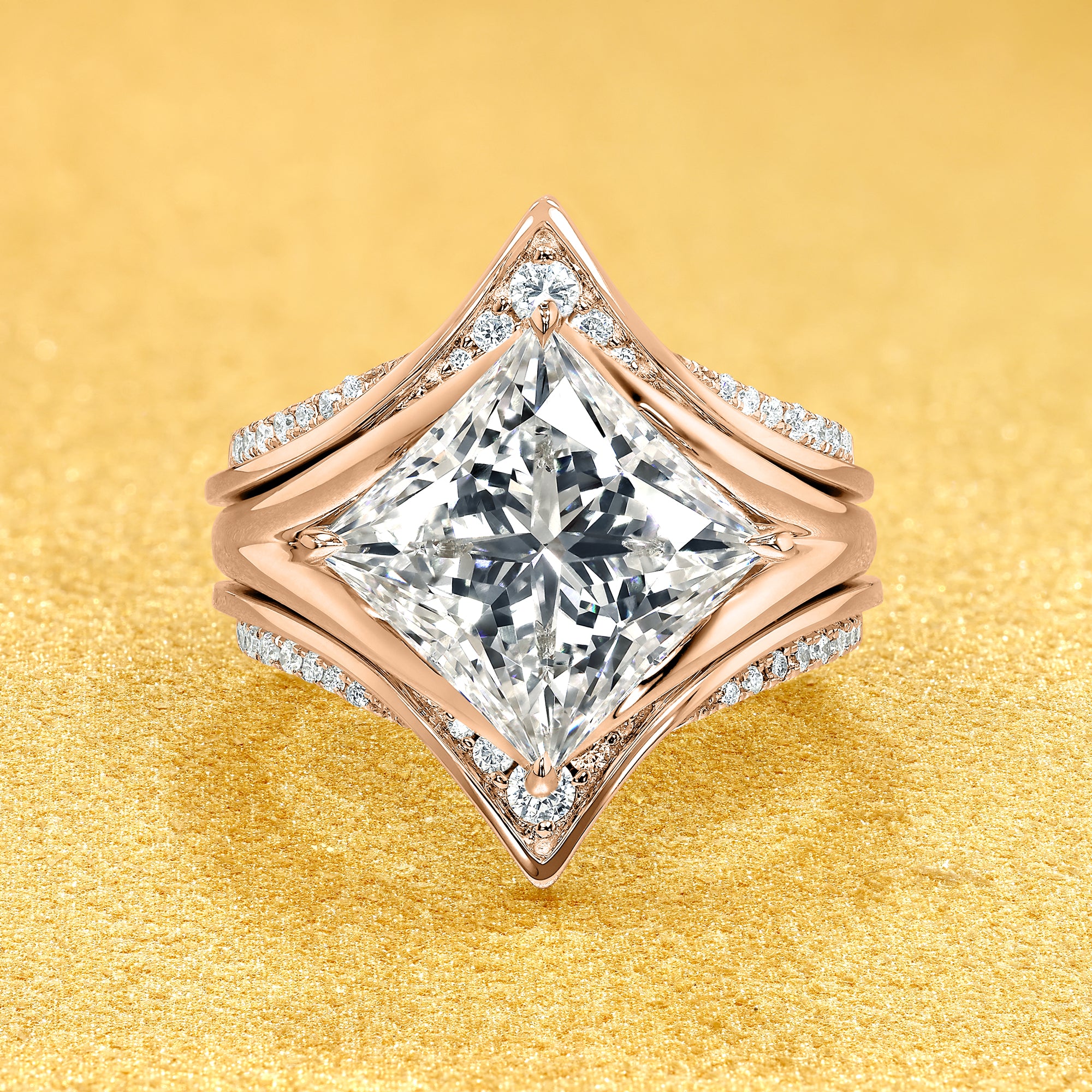 Nova 4.10ct Princess Cut Lab-Grown Diamond Engagement Ring and Double Pavé Contour Band Trio Set in 14K Gold, 18K Gold, or Platinum by Earthena Jewelry of Beverly Hills.