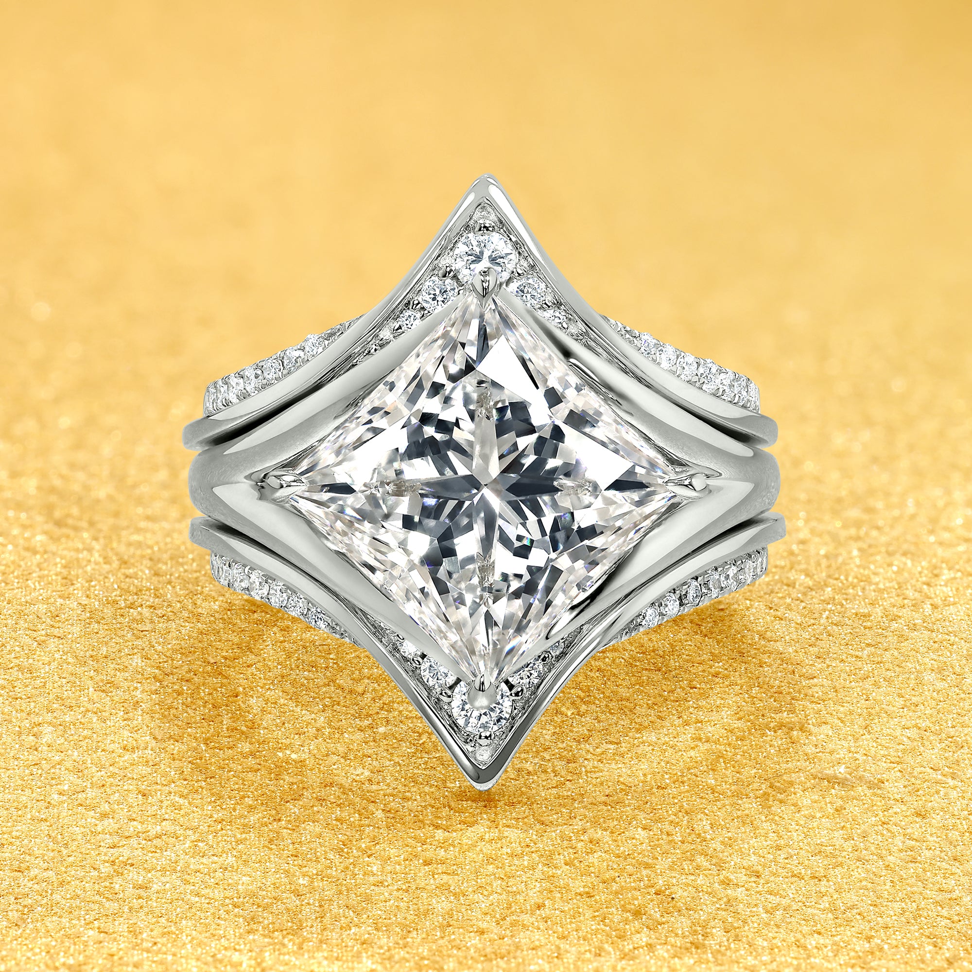 Nova 4.10ct Princess Cut Lab-Grown Diamond Engagement Ring and Double Pavé Contour Band Trio Set in 14K Gold, 18K Gold, or Platinum by Earthena Jewelry of Beverly Hills.