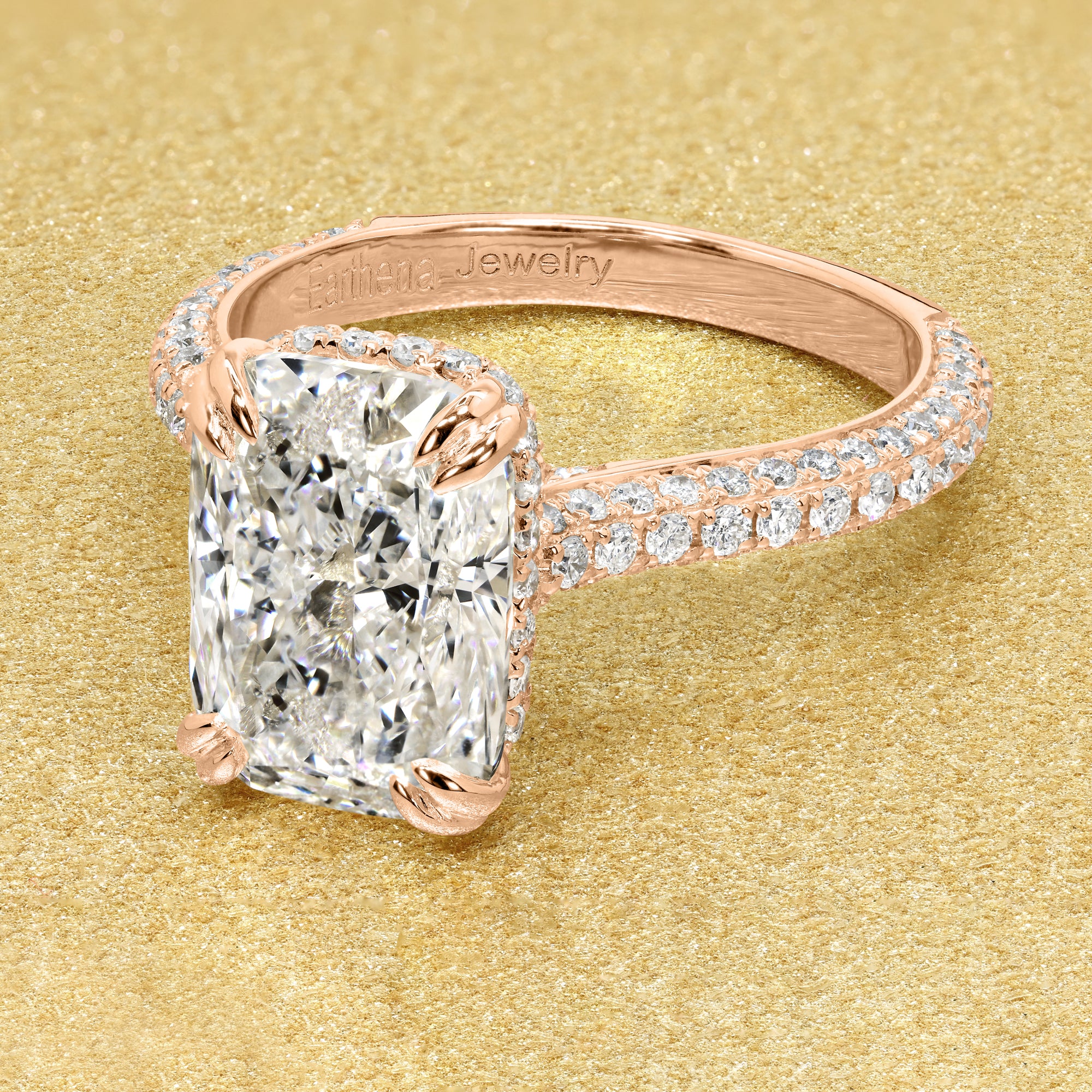 Classic Olivia 3.02ct Elongated Cushion-cut Lab-grown Diamond Triple Row Cathedral Hidden Wrap Halo Engagement ring in 14K gold, 18K gold, or Platinum by Earthena Jewelry of Beverly Hills.