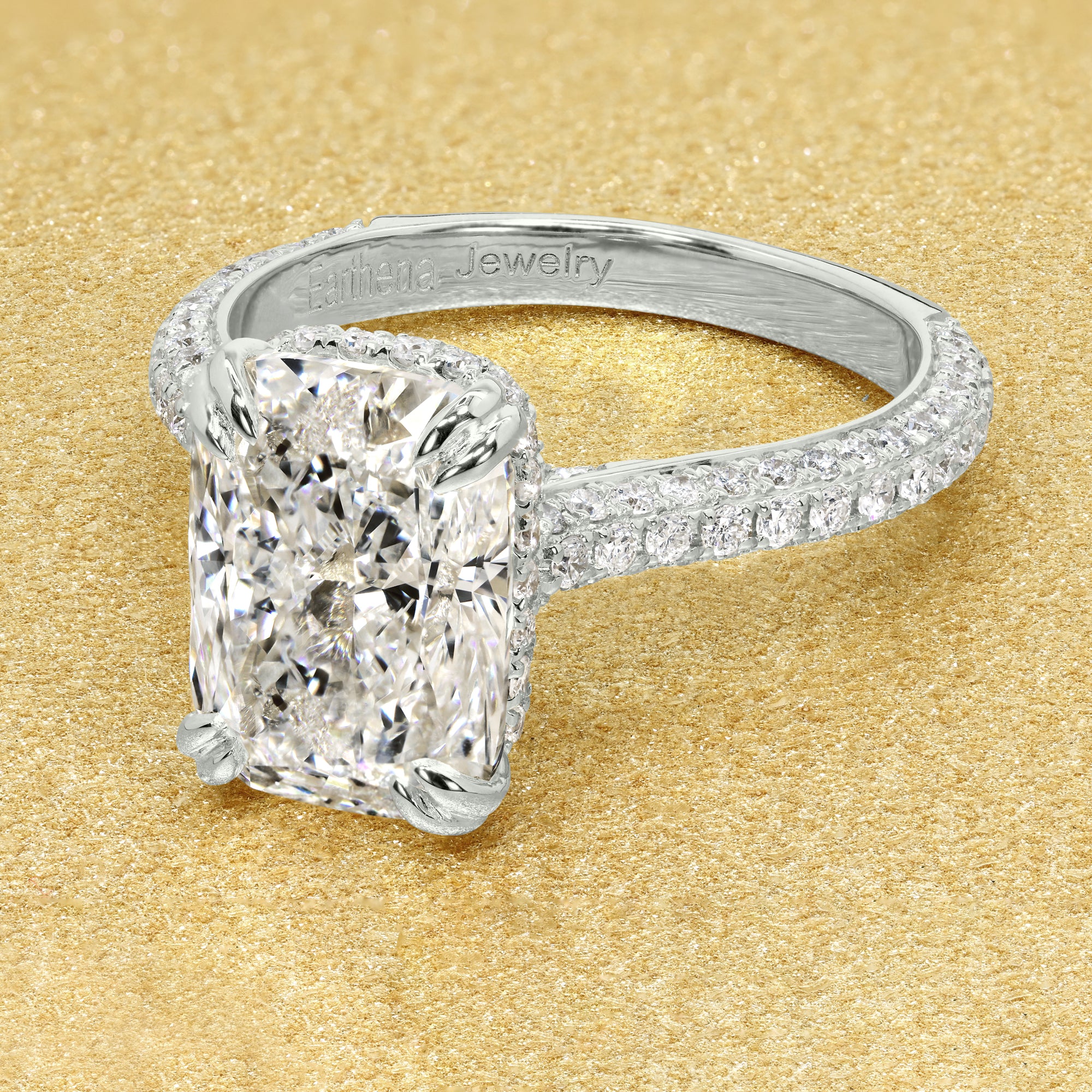 Classic Olivia 3.02ct Elongated Cushion-cut Lab-grown Diamond Triple Row Cathedral Hidden Wrap Halo Engagement ring in 14K gold, 18K gold, or Platinum by Earthena Jewelry of Beverly Hills.