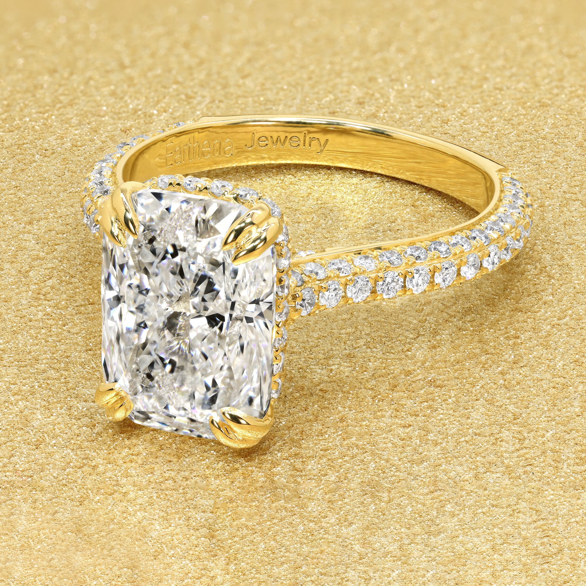 Classic Olivia 3.02ct Elongated Cushion-cut Lab-grown Diamond Triple Row Cathedral Hidden Wrap Halo Engagement ring in 14K gold, 18K gold, or Platinum by Earthena Jewelry of Beverly Hills.