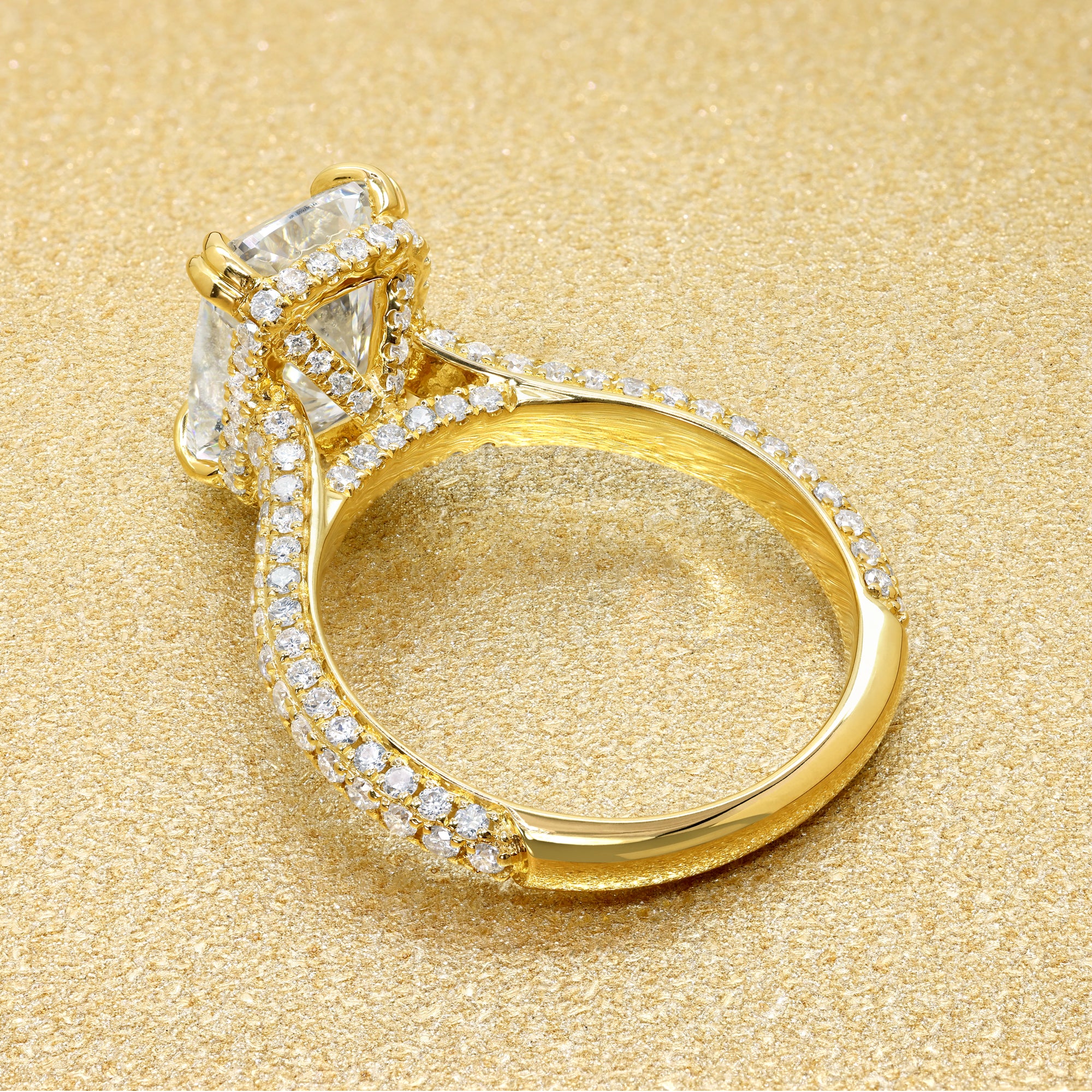 Classic Olivia 3.02 Elongated Cushion-cut Lab-grown Diamond Triple Row Cathedral Hidden Wrap Halo Engagement ring in 18K Yellow Gold by Earthena Jewelry of Beverly Hills.