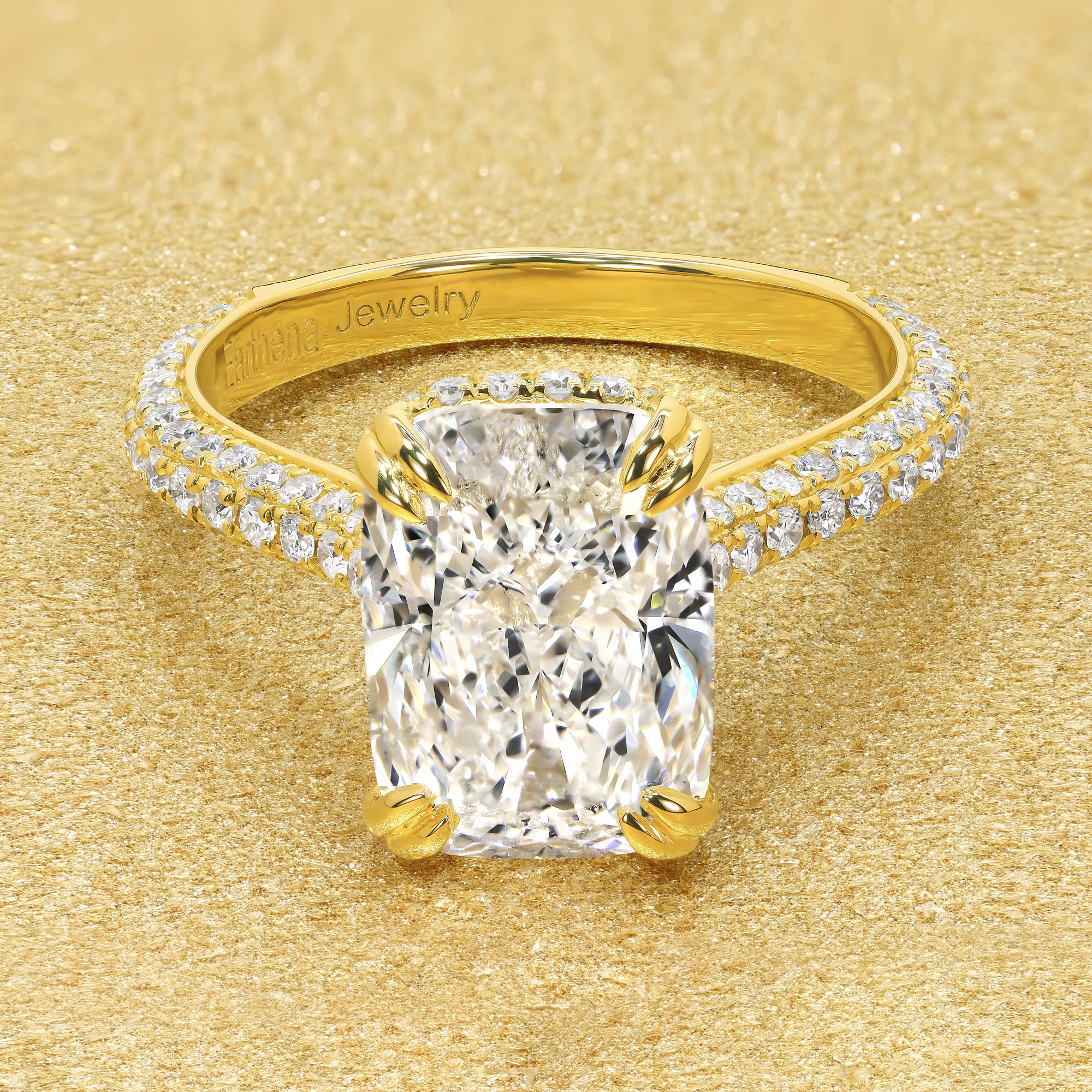 Classic Olivia 3.02 Elongated Cushion-cut Lab-grown Diamond Triple Row Cathedral Hidden Wrap Halo Engagement ring in 18K Yellow Gold by Earthena Jewelry of Beverly Hills.