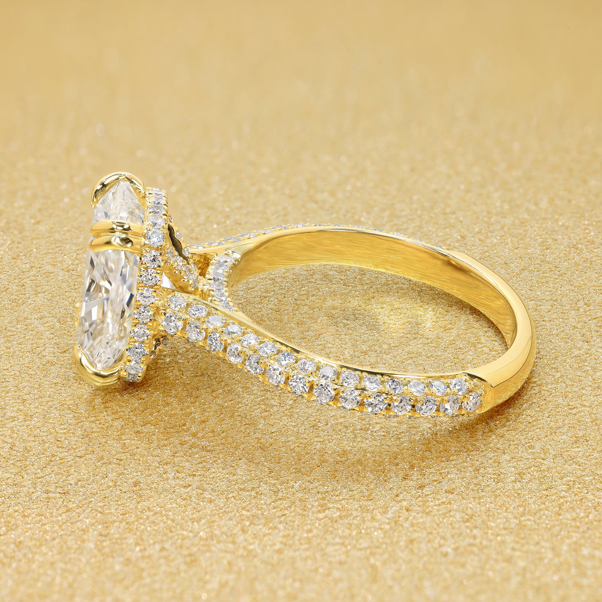 Classic Olivia 3.02 Elongated Cushion-cut Lab-grown Diamond Triple Row Cathedral Hidden Wrap Halo Engagement ring in 18K Yellow Gold by Earthena Jewelry of Beverly Hills.