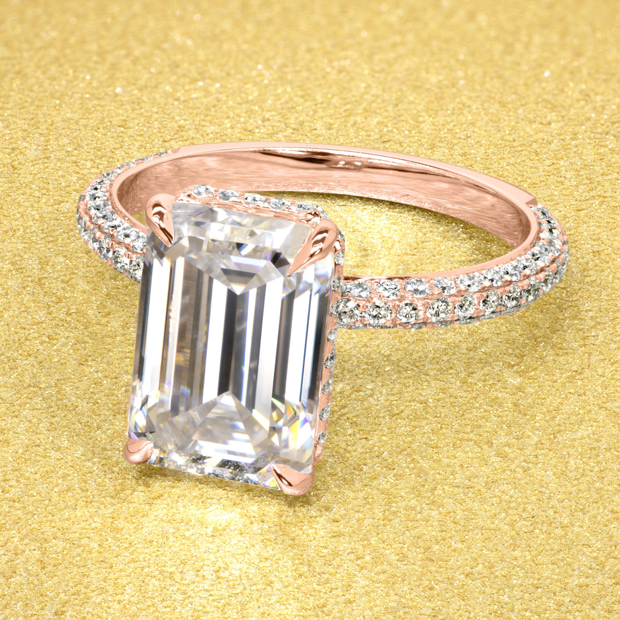 The Olivia, 5.5ct Elongated Emerald-cut Moissanite Triple Row Hidden Wrap Halo Ring