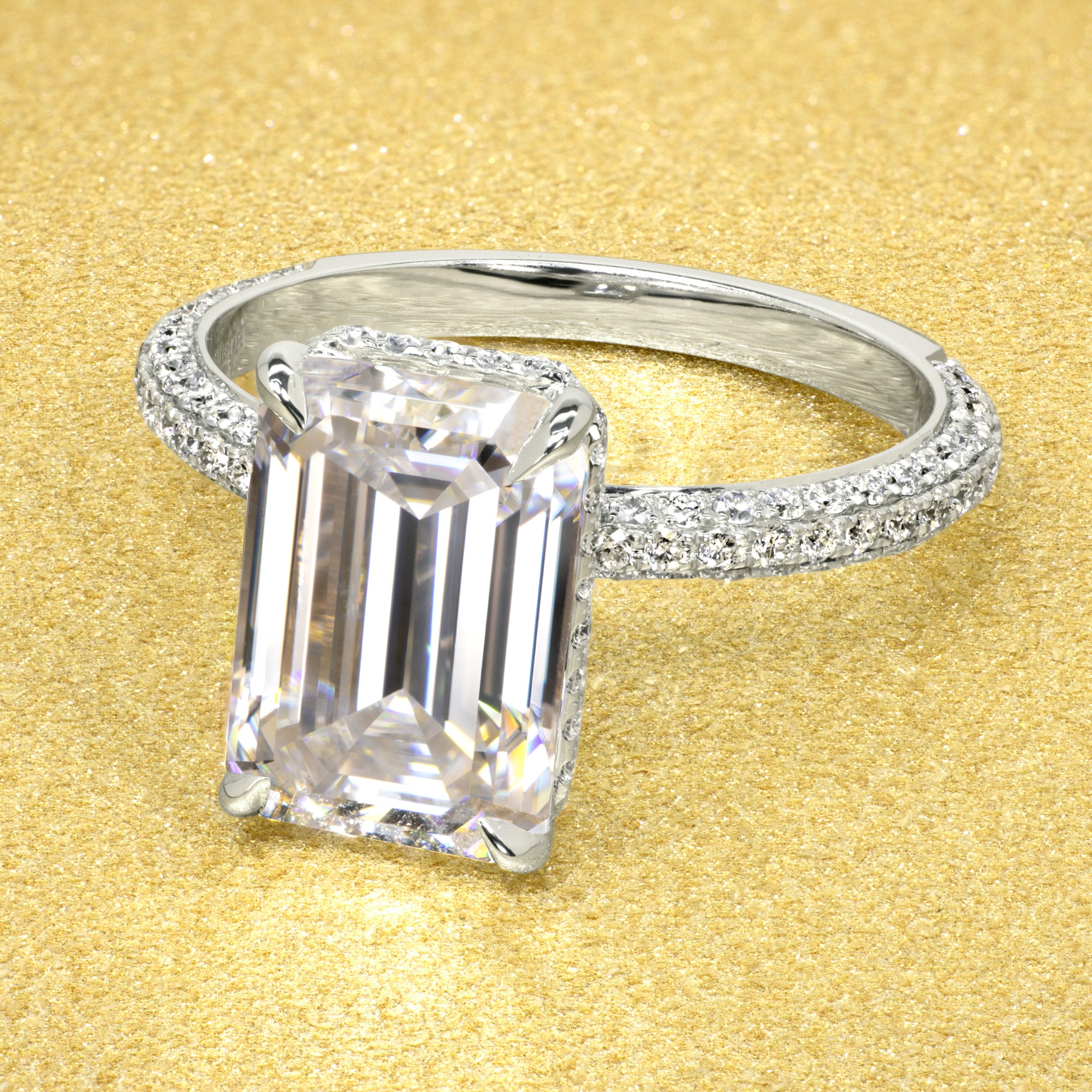 The Olivia, 5.5ct Elongated Emerald-cut Moissanite Triple Row Hidden Wrap Halo Ring