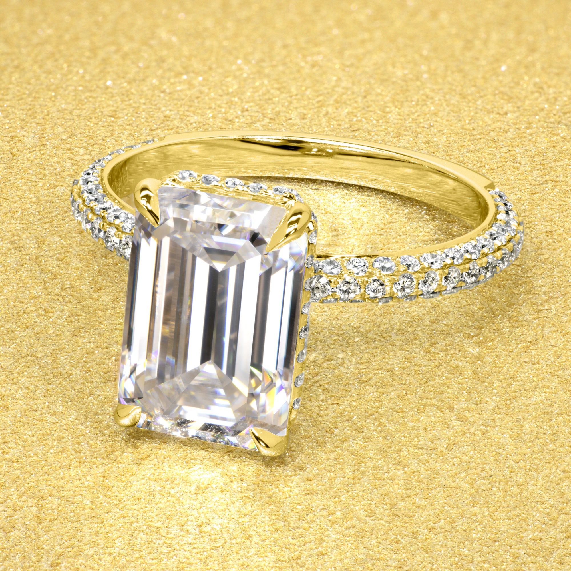 The Olivia, 5.5ct Elongated Emerald-cut Moissanite Triple Row Hidden Wrap Halo Ring