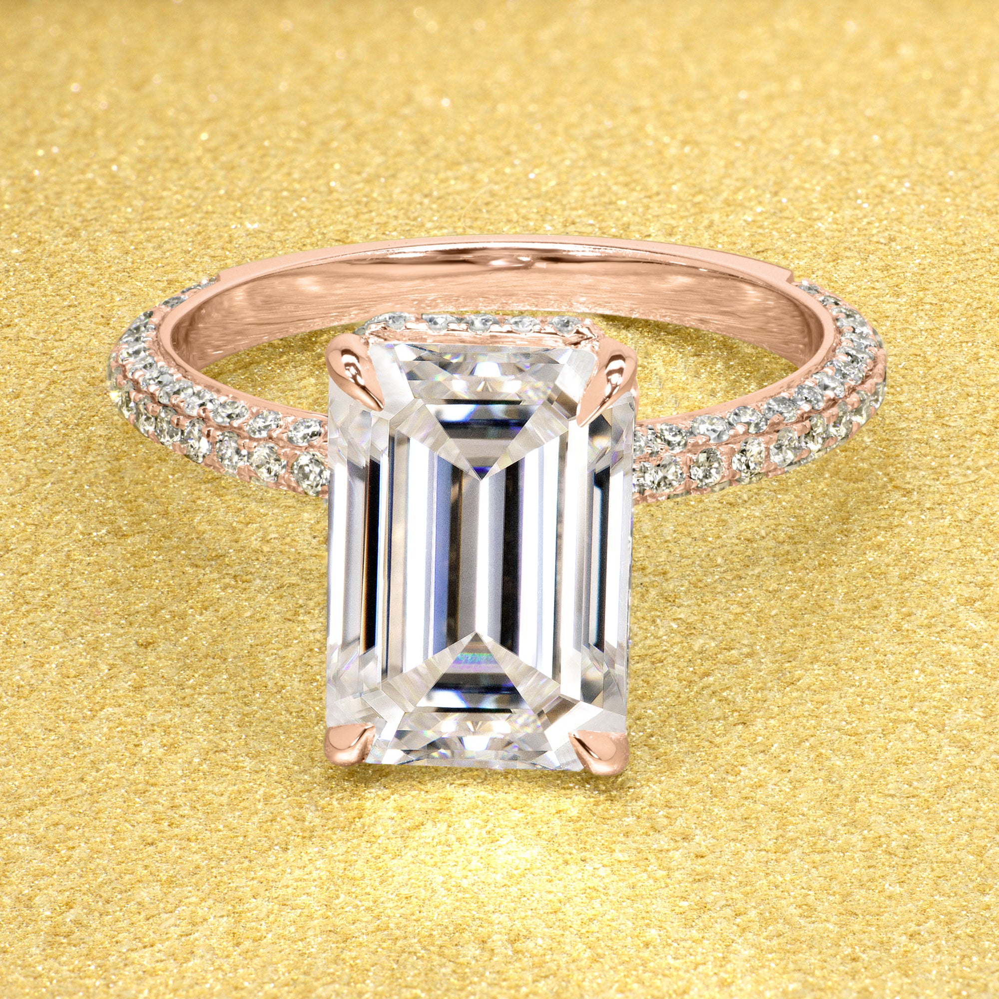 The Olivia, 5.5ct Elongated Emerald-cut Moissanite Triple Row Hidden Wrap Halo Ring
