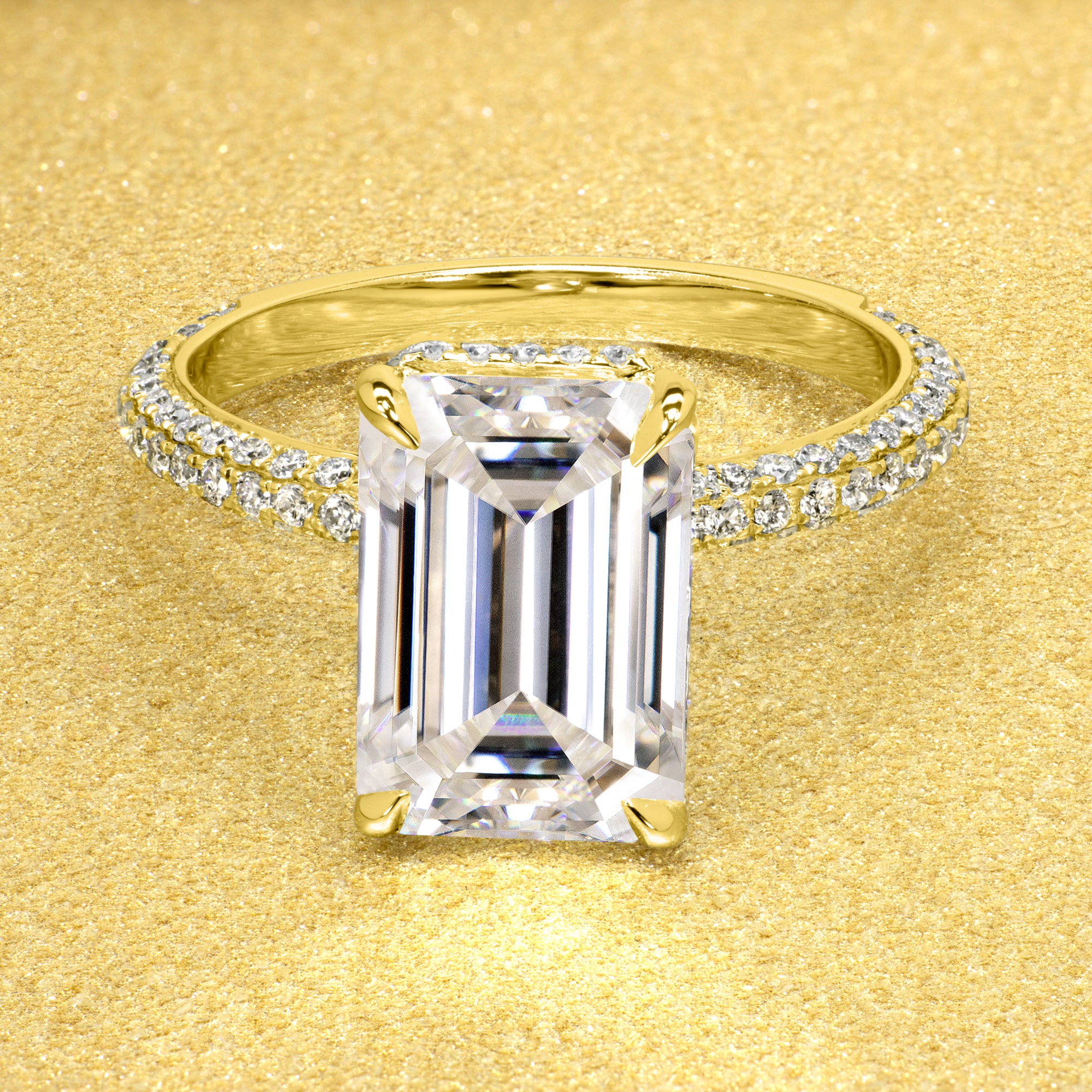 The Olivia, 5.5ct Elongated Emerald-cut Moissanite Triple Row Hidden Wrap Halo Ring
