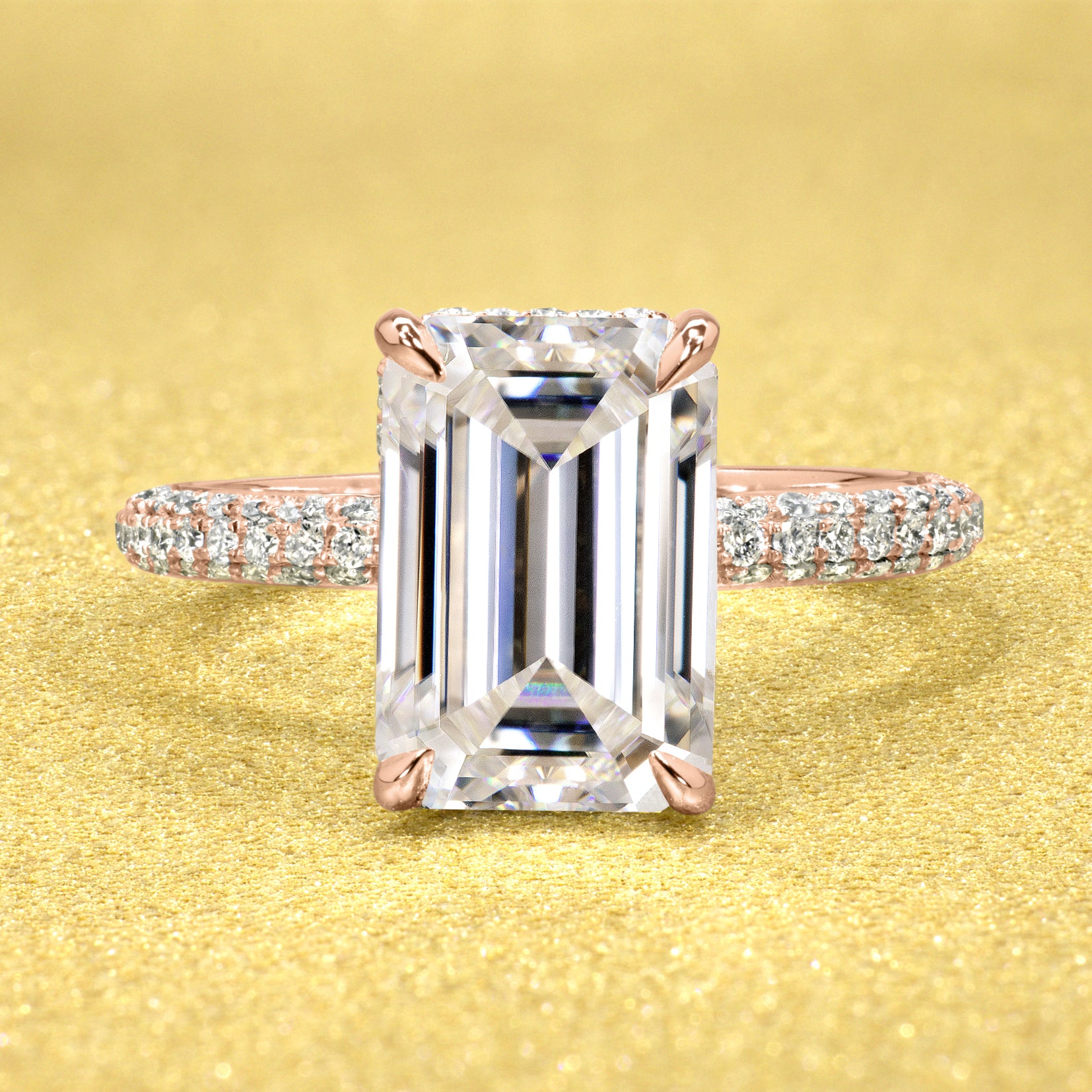 The Olivia, 5.5ct Elongated Emerald-cut Moissanite Triple Row Hidden Wrap Halo Ring