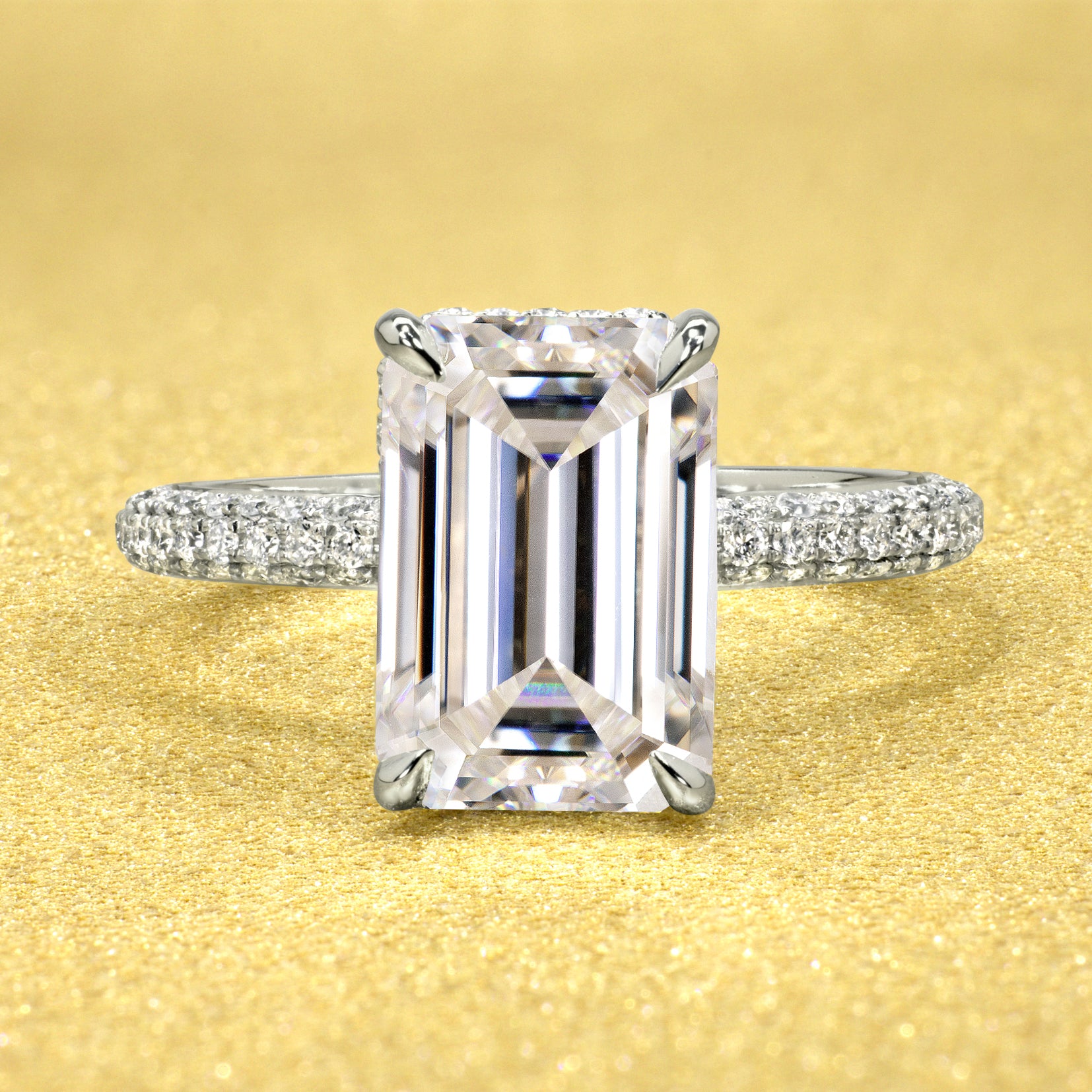 The Olivia, 5.5ct Elongated Emerald-cut Moissanite Triple Row Hidden Wrap Halo Ring