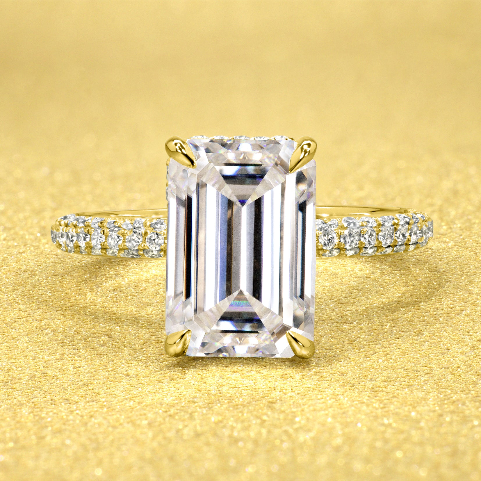 The Olivia, 5.5ct Elongated Emerald-cut Moissanite Triple Row Hidden Wrap Halo Ring