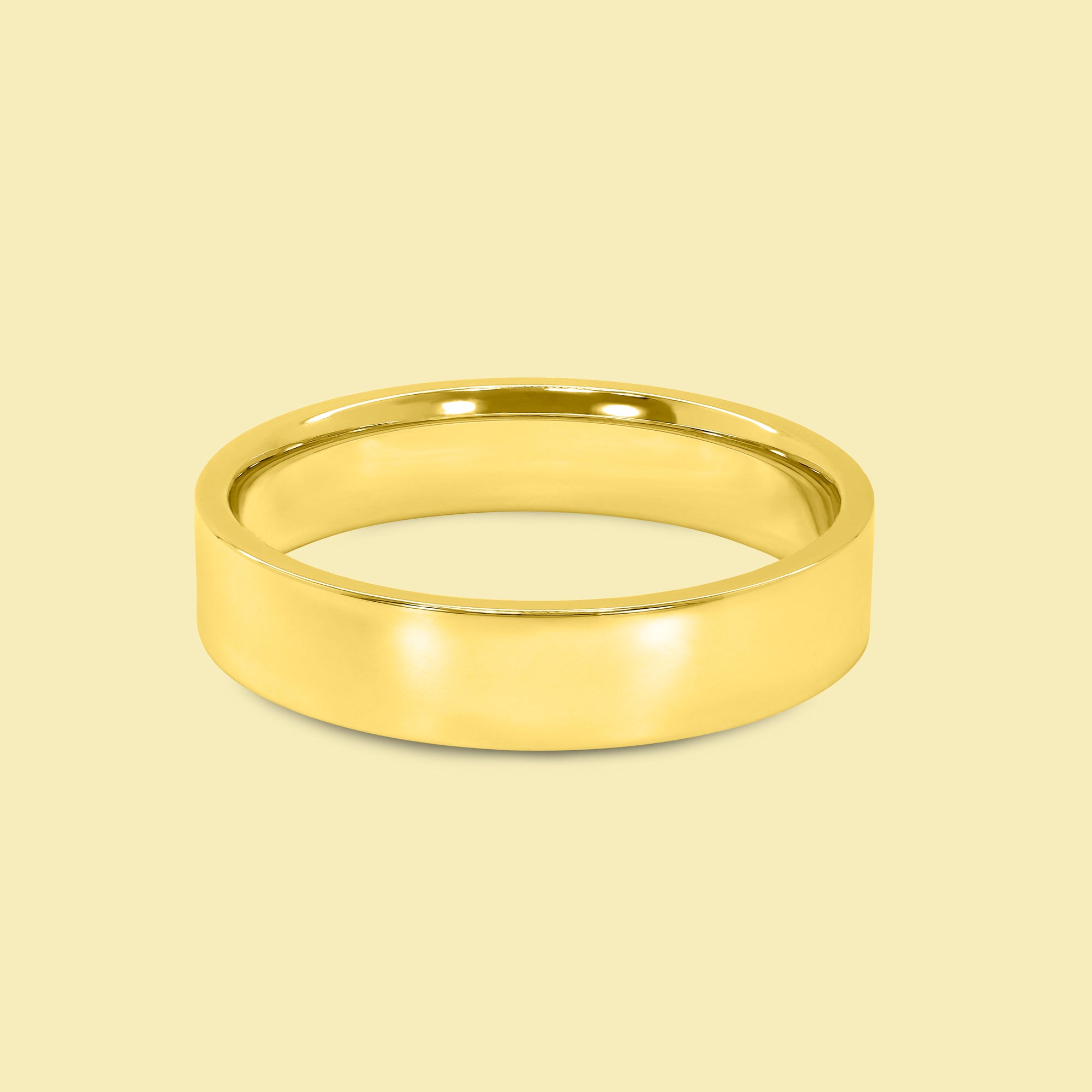 The Quinn Solid Gold 5mm Flat-Top Straight Edge Low Profile High Polish Comfort Fit Men's Wedding Band in 14K Gold, 18K Gold, or Platinum by Earthena Jewelry of Beverly Hills.