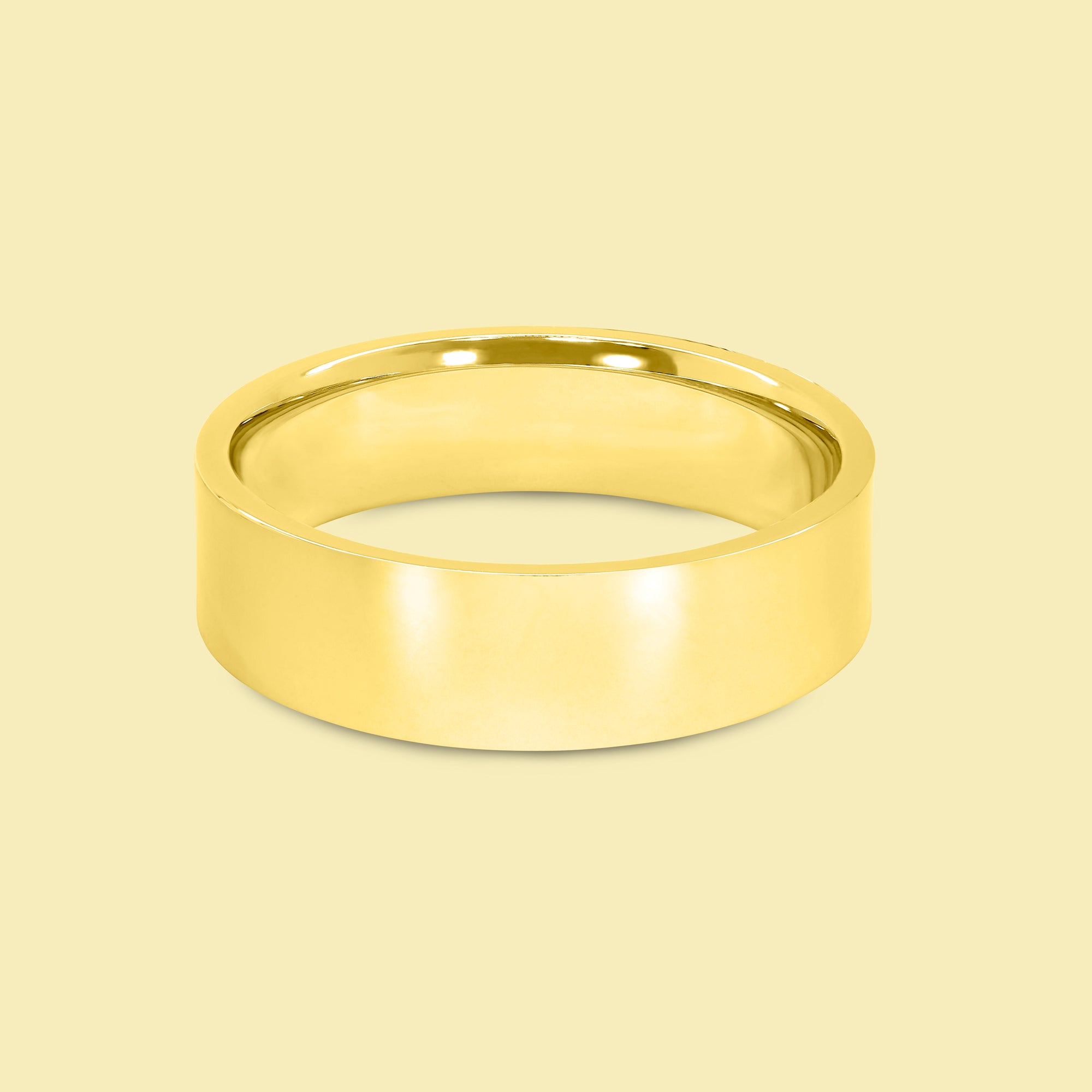 The Quinn Solid Gold 6mm Flat-Top Straight Edge Ultra Slim Profile High Polish Men's Wedding Band in 14K Gold, 18K Gold, or Platinum by Earthena Jewelry of Beverly Hills.