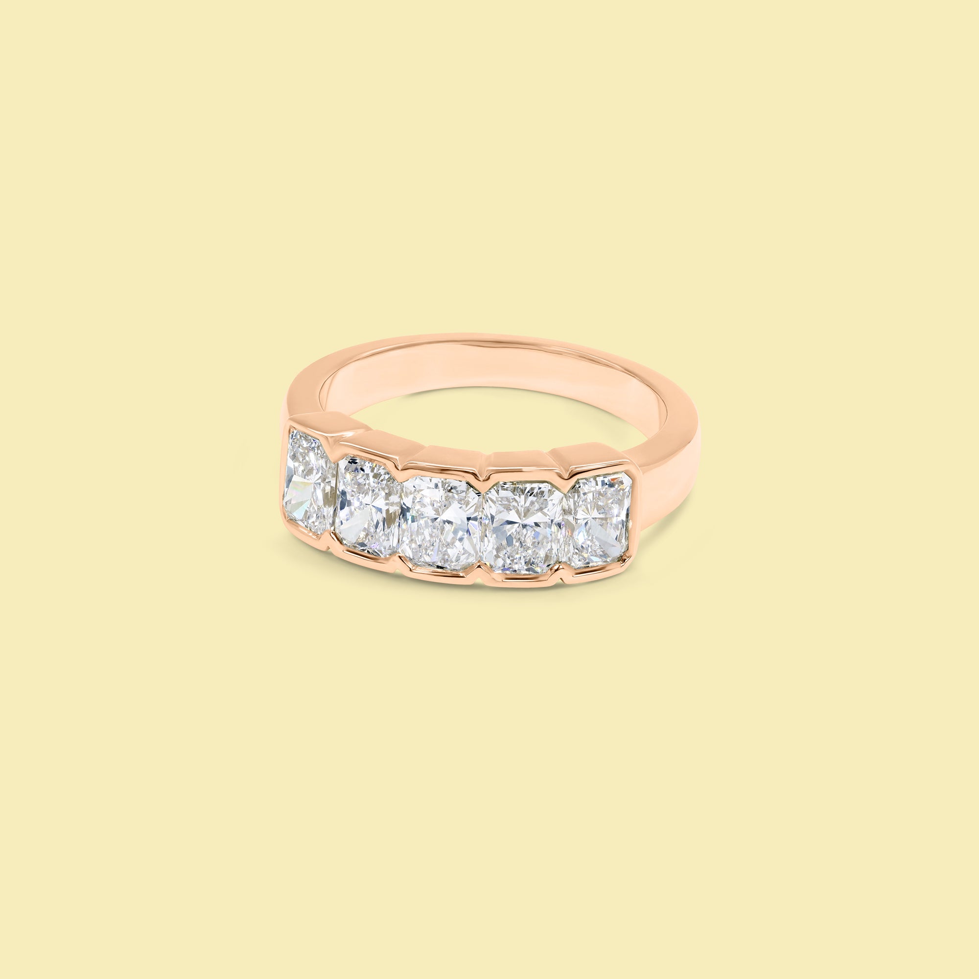 The Rae, 5-Stone Radiant-Cut Diamond Pinky Ring in 14K, 18K Gold or Platinum | Lab-Grown or Earth-Mined by Earthena Jewelry of Beverly Hills handcrafted in Los Angeles, Calfornia.