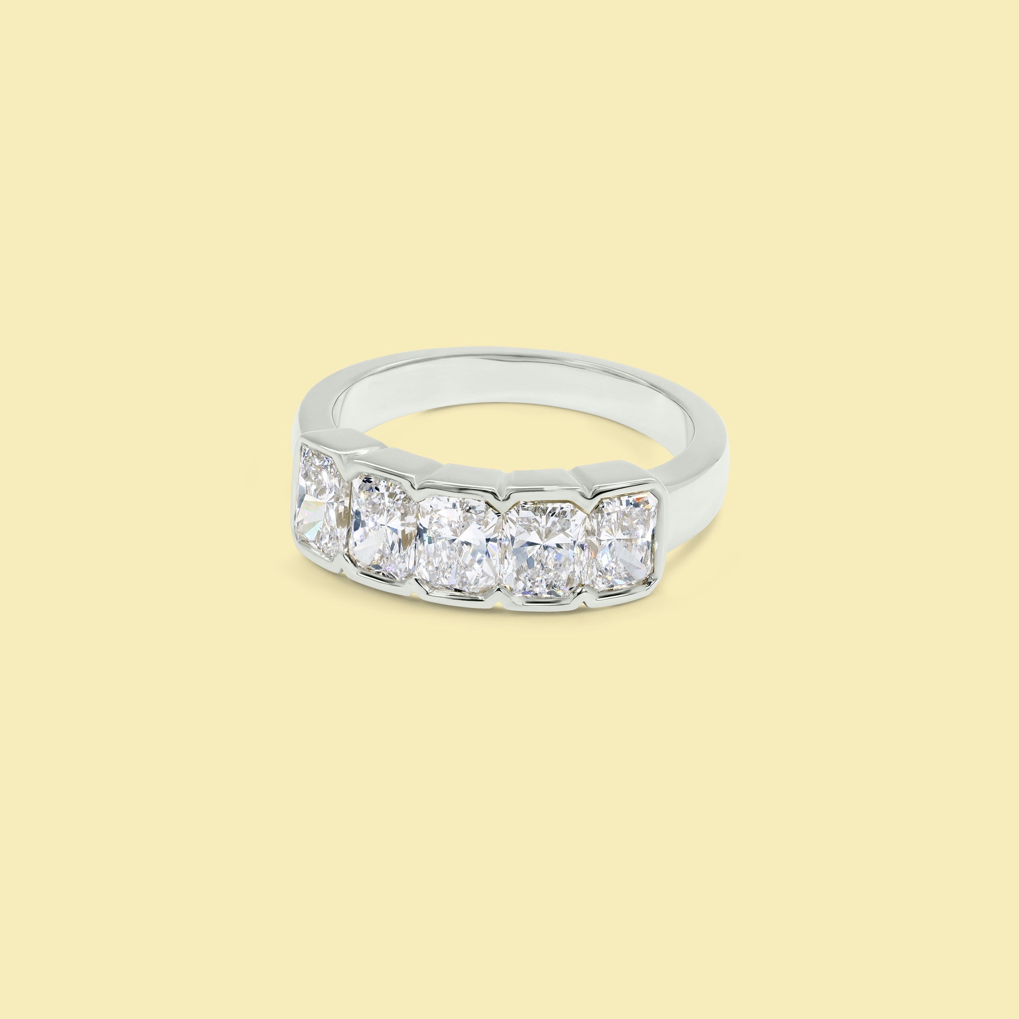 The Rae, 5-Stone Radiant-Cut Diamond Pinky Ring in 14K, 18K Gold or Platinum | Lab-Grown or Earth-Mined by Earthena Jewelry of Beverly Hills handcrafted in Los Angeles, Calfornia.