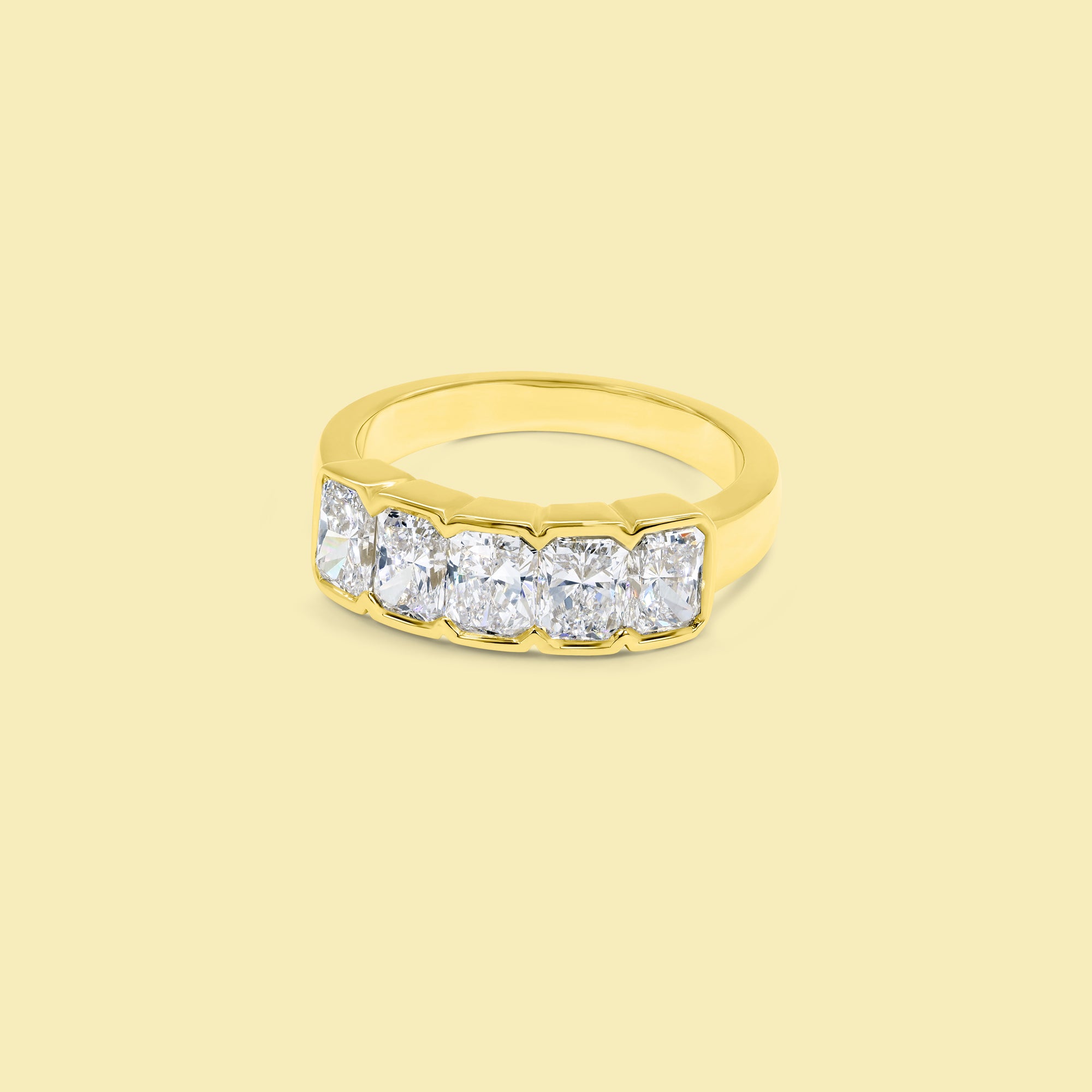 The Rae, 5-Stone Radiant-Cut Diamond Pinky Ring in 14K, 18K Gold or Platinum | Lab-Grown or Earth-Mined by Earthena Jewelry of Beverly Hills handcrafted in Los Angeles, Calfornia.