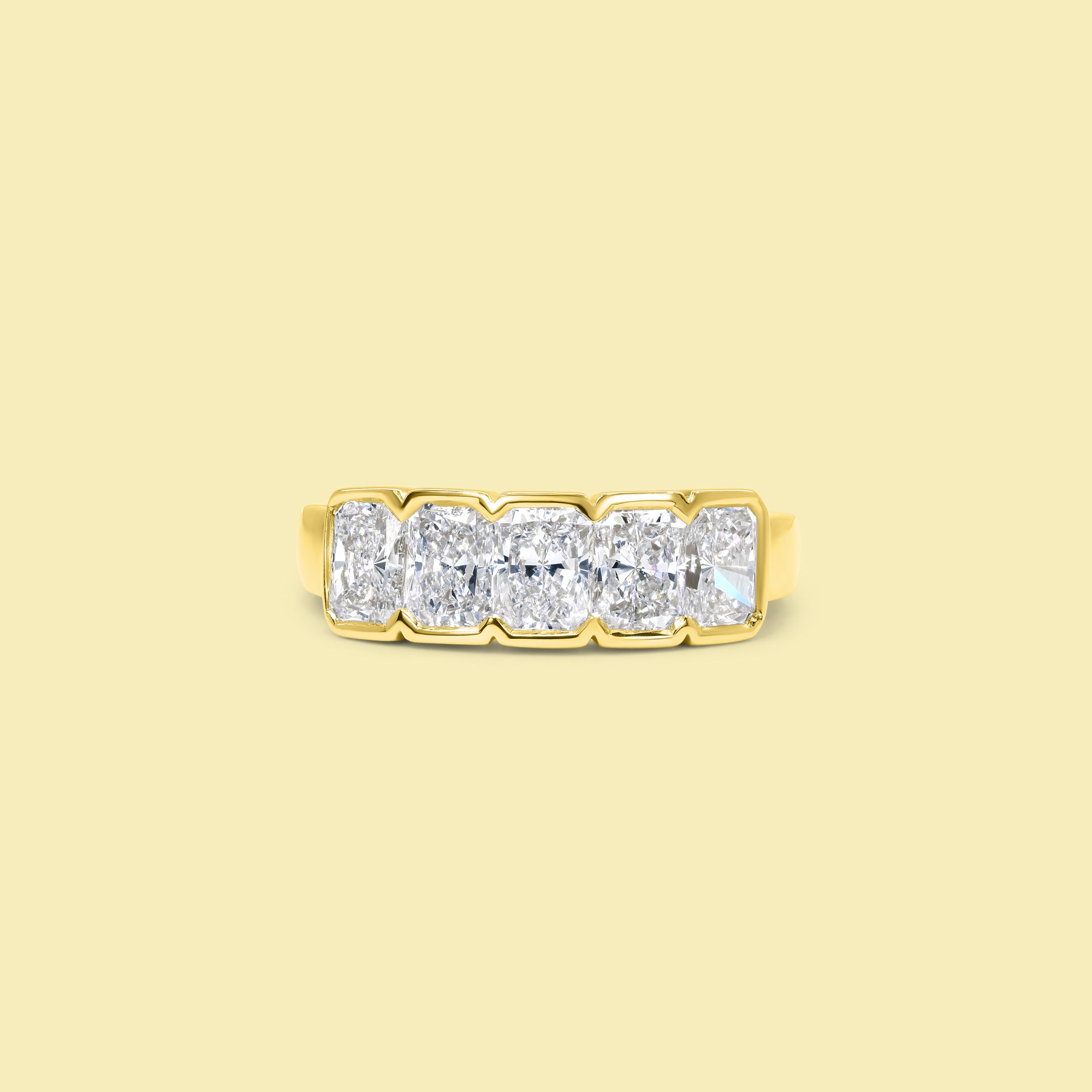The Rae, 5-Stone Radiant-Cut Diamond Pinky Ring in 14K, 18K Gold or Platinum | Lab-Grown or Earth-Mined by Earthena Jewelry of Beverly Hills handcrafted in Los Angeles, Calfornia.
