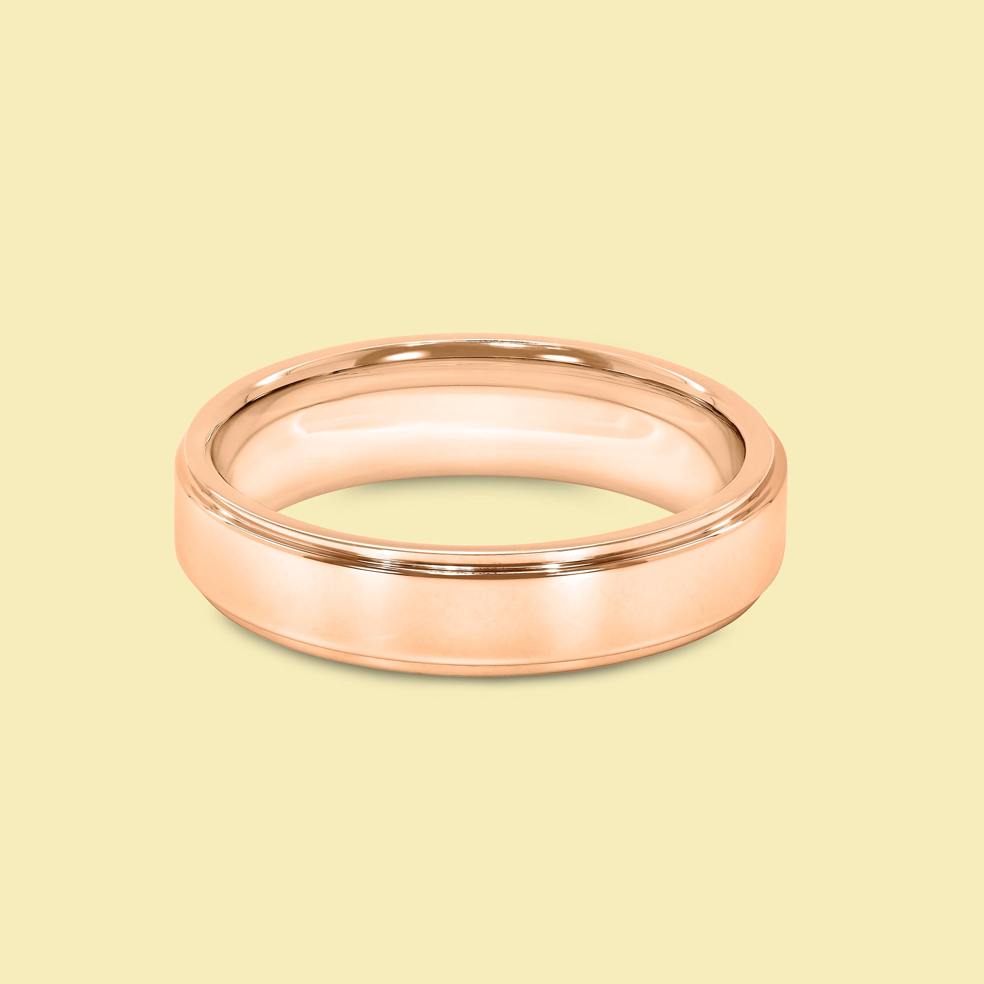 The Roman Solid Gold 5mm Flat-Top Stepped Edge High Polish Comfort Fit Men's Wedding Band in 14K Gold, 18K Gold, or Platinum by Earthena Jewelry of Beverly Hills.