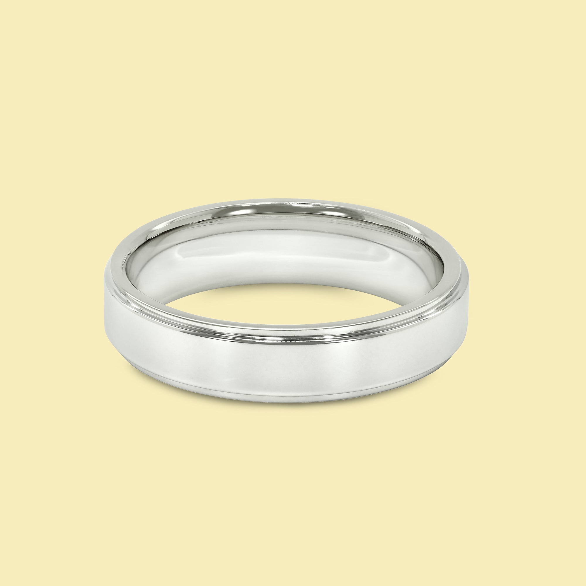 The Roman Solid Gold 5mm Flat-Top Stepped Edge High Polish Comfort Fit Men's Wedding Band in 14K Gold, 18K Gold, or Platinum by Earthena Jewelry of Beverly Hills.