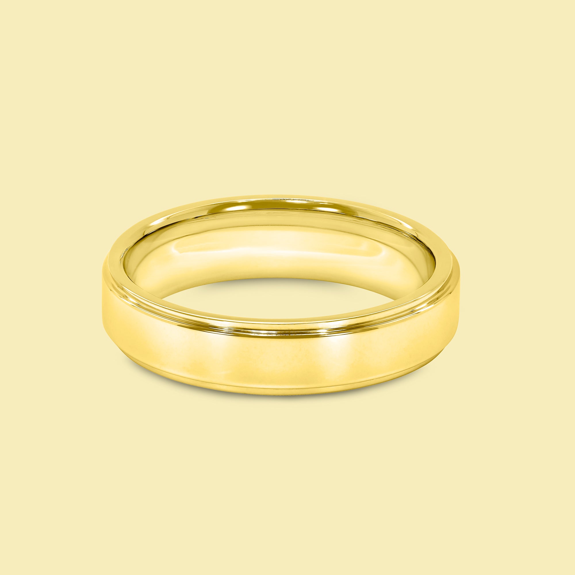 The Roman Solid Gold 5mm Flat-Top Stepped Edge High Polish Comfort Fit Men's Wedding Band in 14K Gold, 18K Gold, or Platinum by Earthena Jewelry of Beverly Hills.