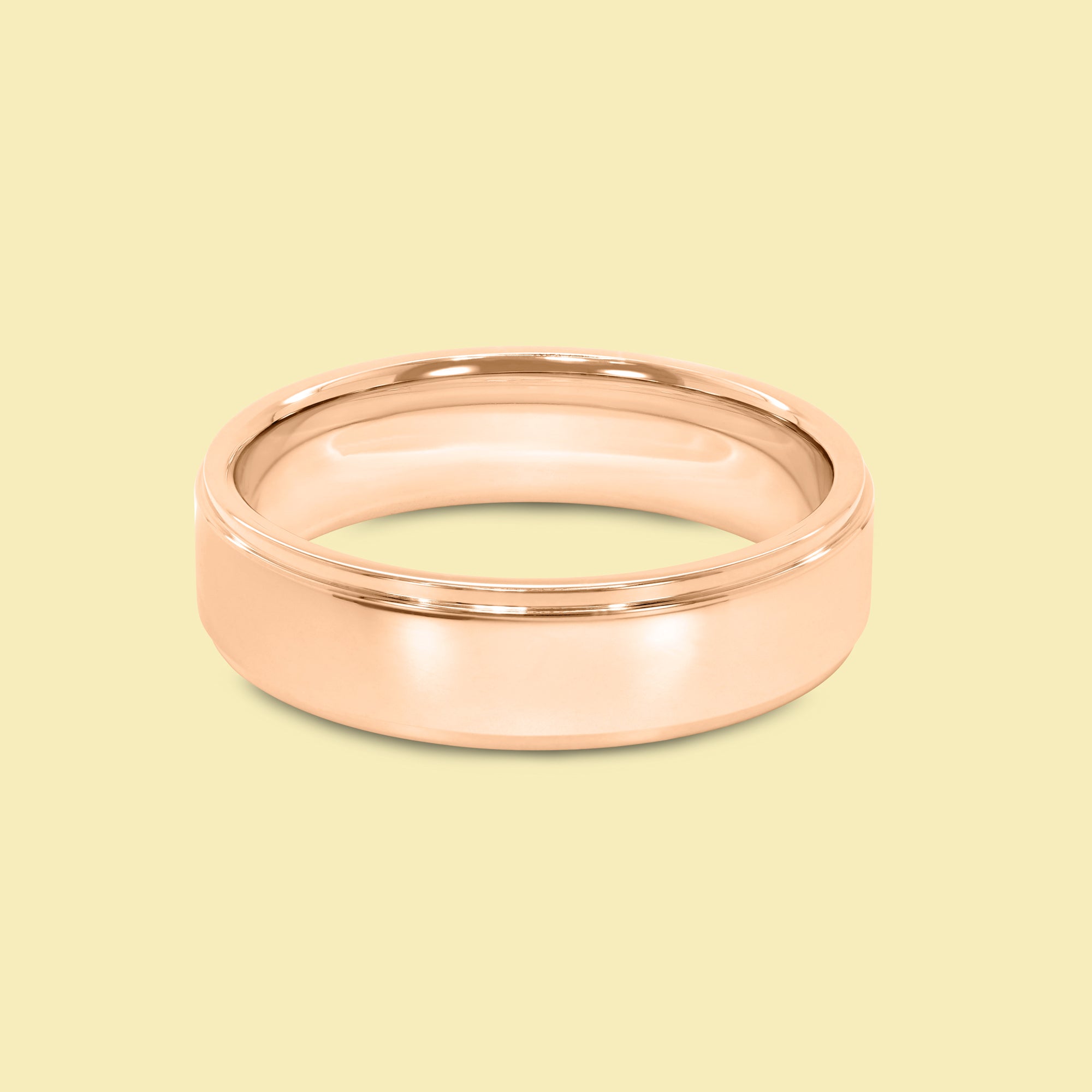 The Roman Solid Gold 6mm Flat-Top Stepped Edge High Polish Comfort Fit Men's Wedding Band in 14K Gold, 18K Gold, or Platinum by Earthena Jewelry of Beverly Hills.