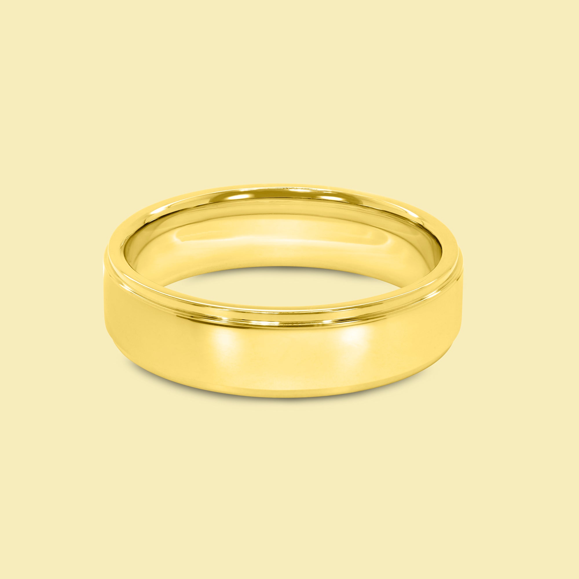 The Roman Solid Gold 6mm Flat-Top Stepped Edge High Polish Comfort Fit Men's Wedding Band in 14K Gold, 18K Gold, or Platinum by Earthena Jewelry of Beverly Hills.