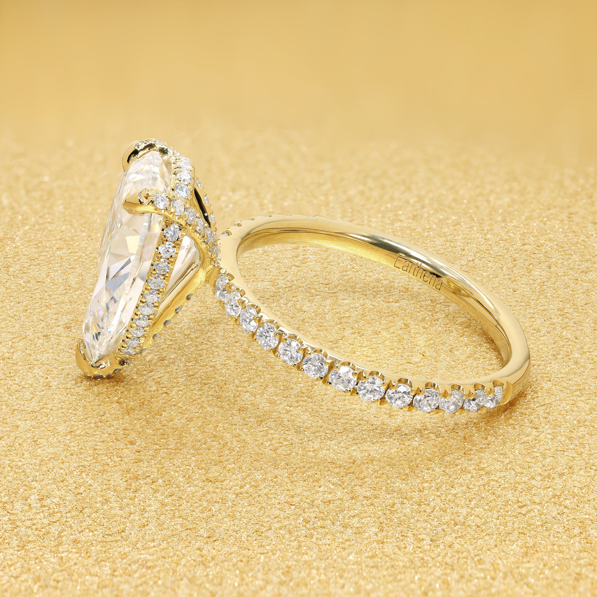 Classic Selina 3.3ct Elongated Pear-cut Lab-grown Diamond Hidden Wrap Halo Engagement ring in 18K Yellow Gold by Earthena Jewelry of Beverly Hills.